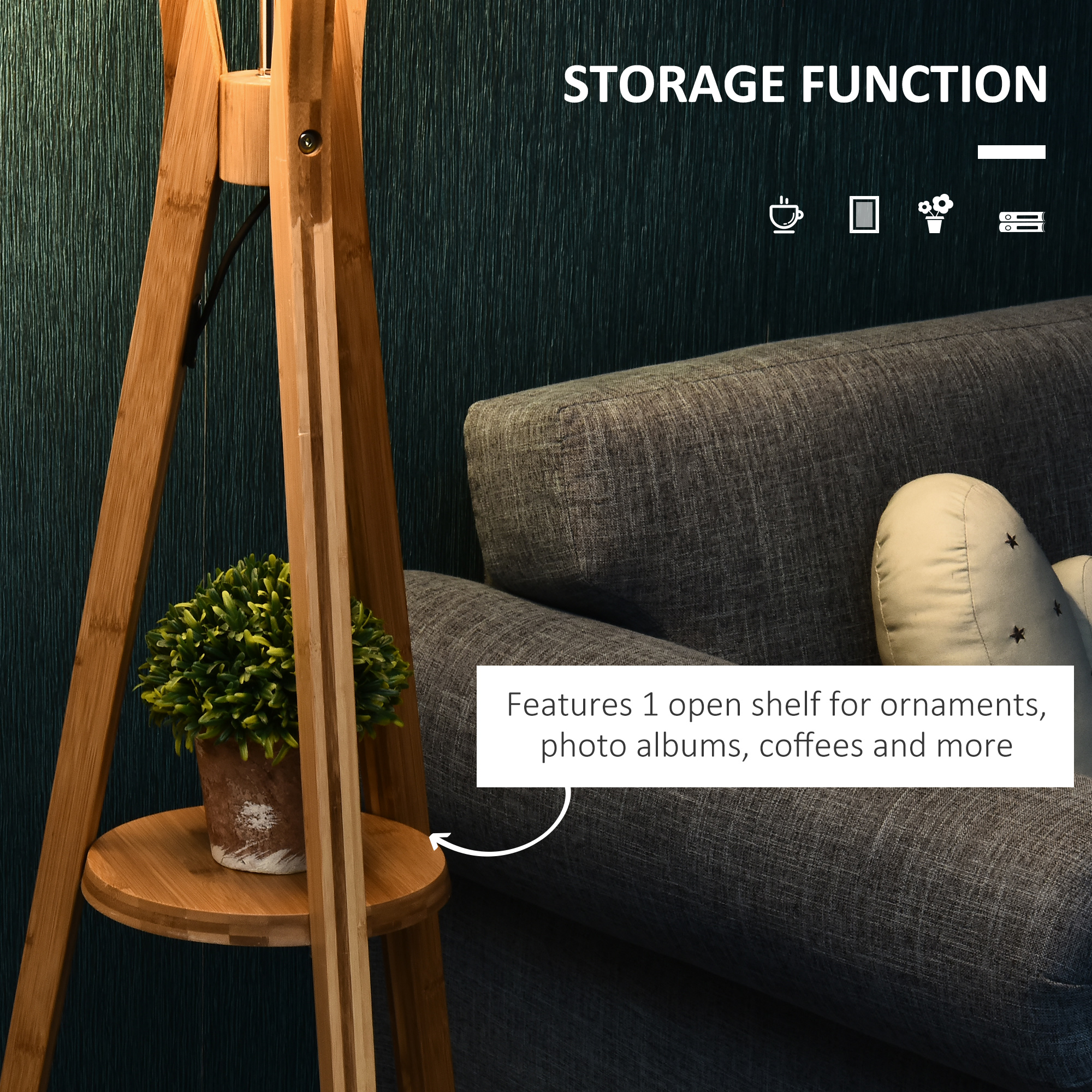 HOMCOM Natural Wood Tripod Floor Lamp Light E27 Base Bedroom Living Room Fabric Shade Storage Shelf Foot Switch, 156cm, Grey 4