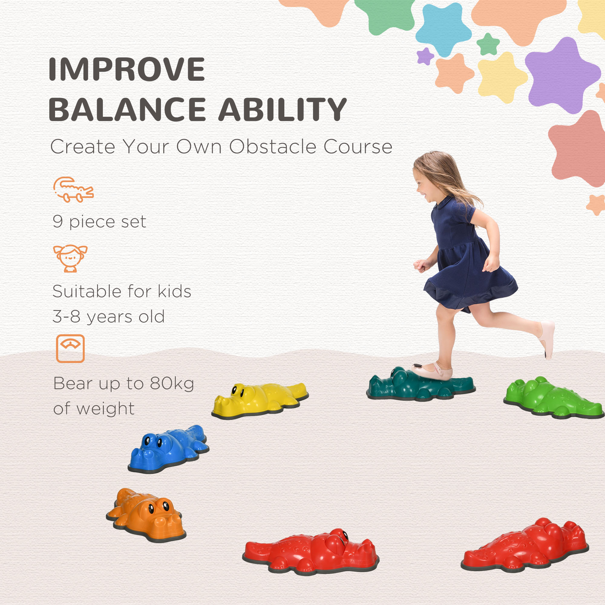 ZONEKIZ 9PCs Kids Stepping Stones, Crocodile-Designed Sensory Toys, with Anti-Slip Edge Balance River Stones 4
