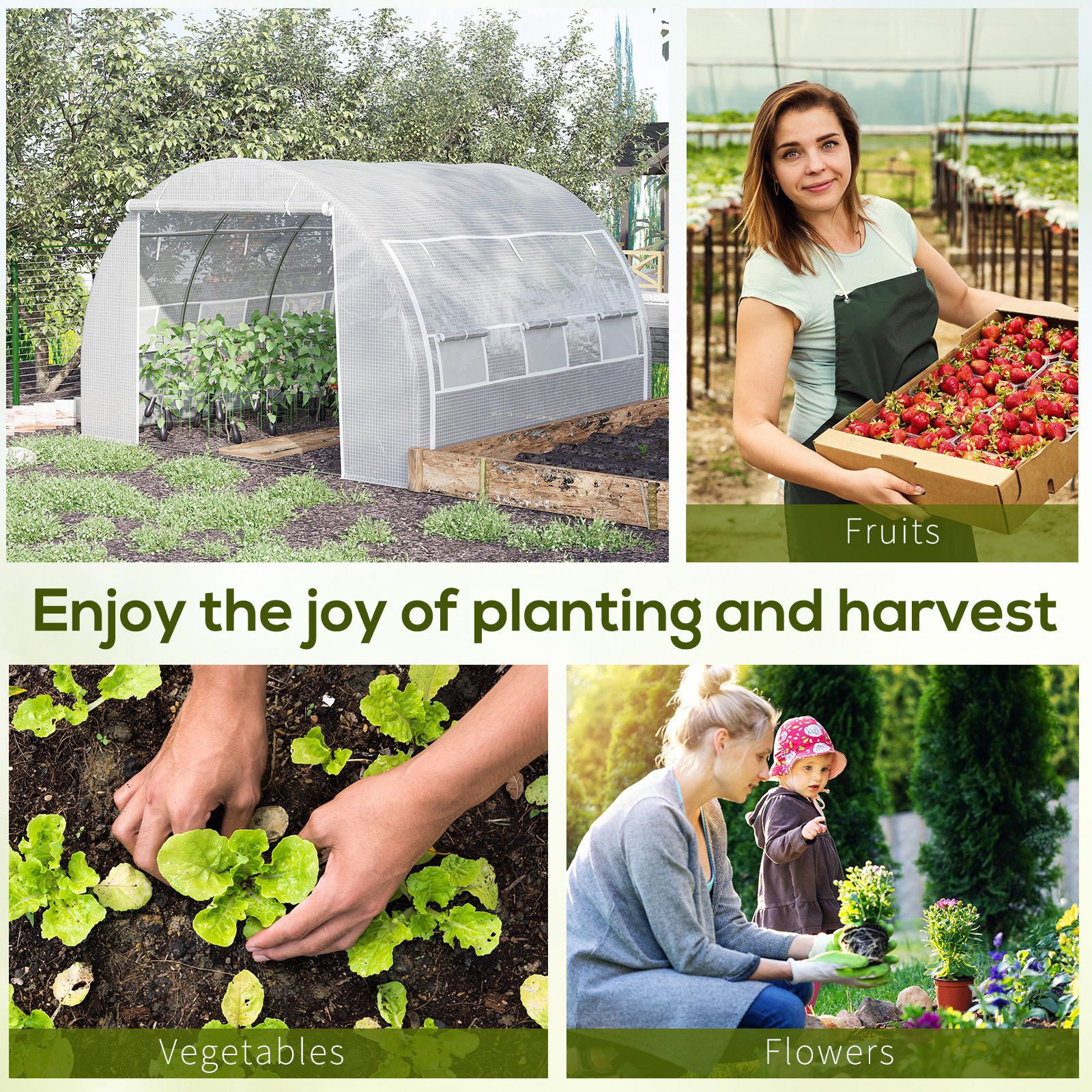 Outsunny 3 x 3 x 2 m Polytunnel Greenhouse with Roll-up Side Walls, Walk-in Grow House Tent with Steel Frame, Reinforced Cover, Zipped Door and 6 Mesh Windows for Garden, White 7