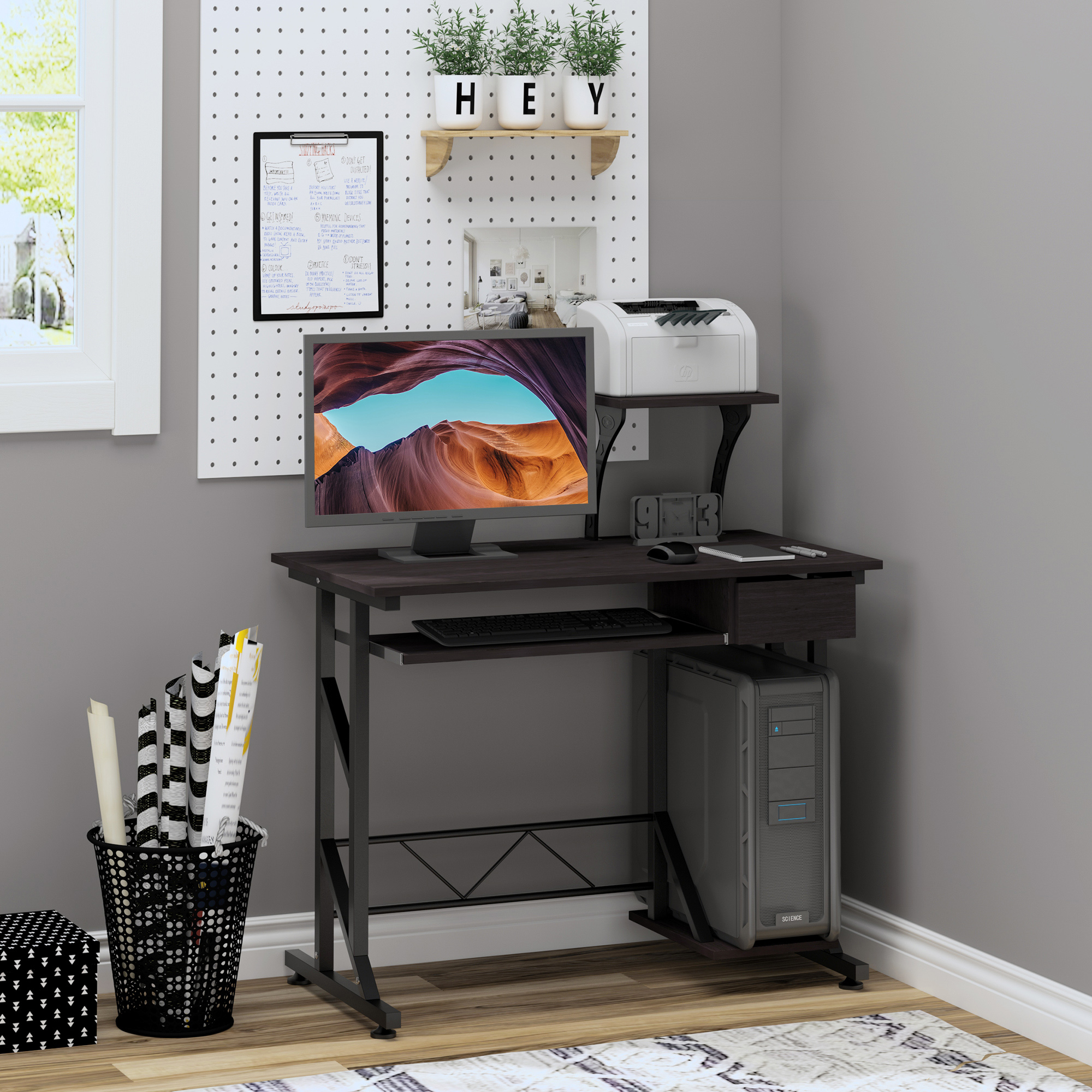 HOMCOM Computer Desk with Display Stand, Sliding Keyboard Tray Drawer and Host Box Shelf Home Office Workstation Dark Brown 2