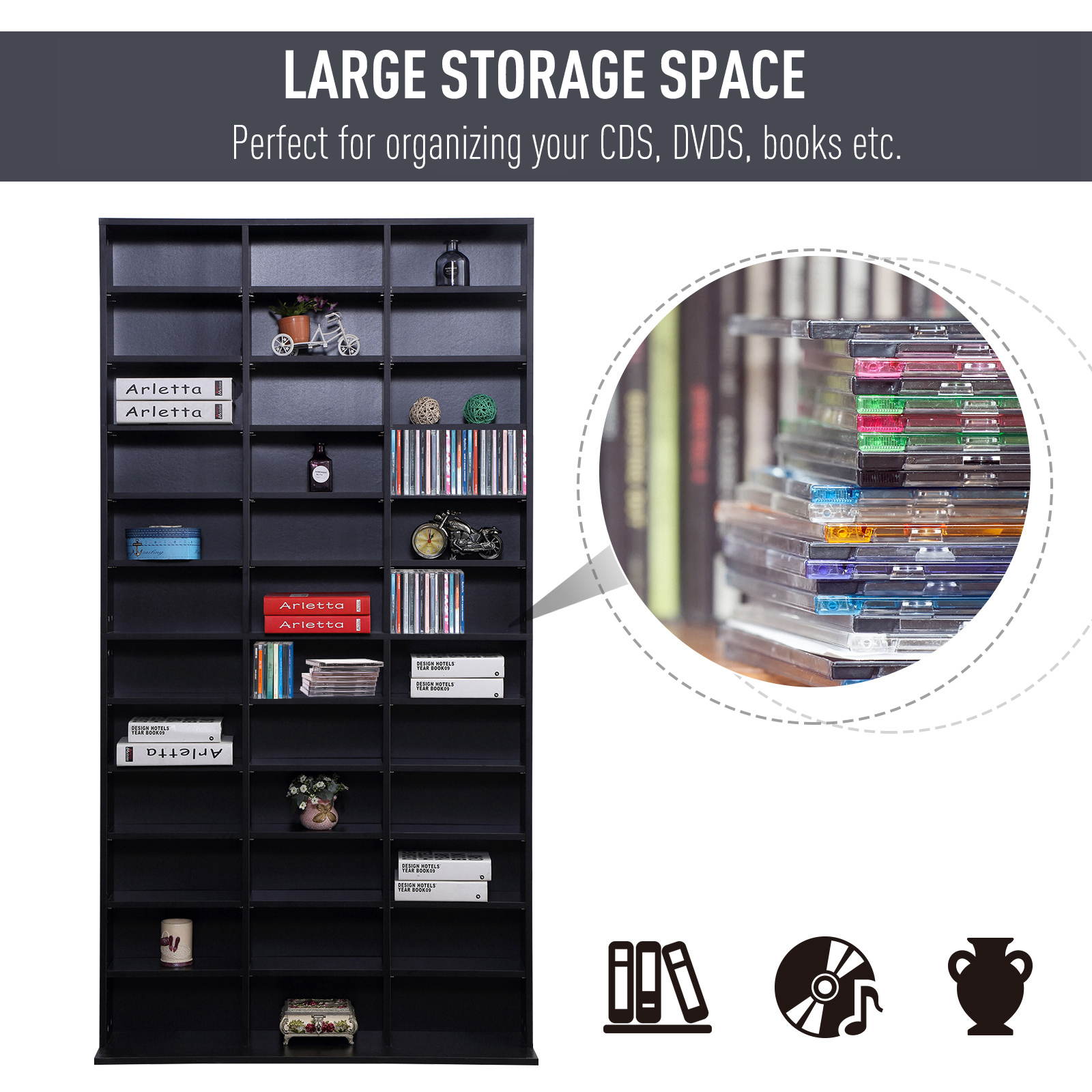 HOMCOM 1116 CD/ 528 DVD Storage Unit, Media Storage Shelf, Wooden Display Unit with Adjustable Shelves, 102 x 195 cm, Black 7