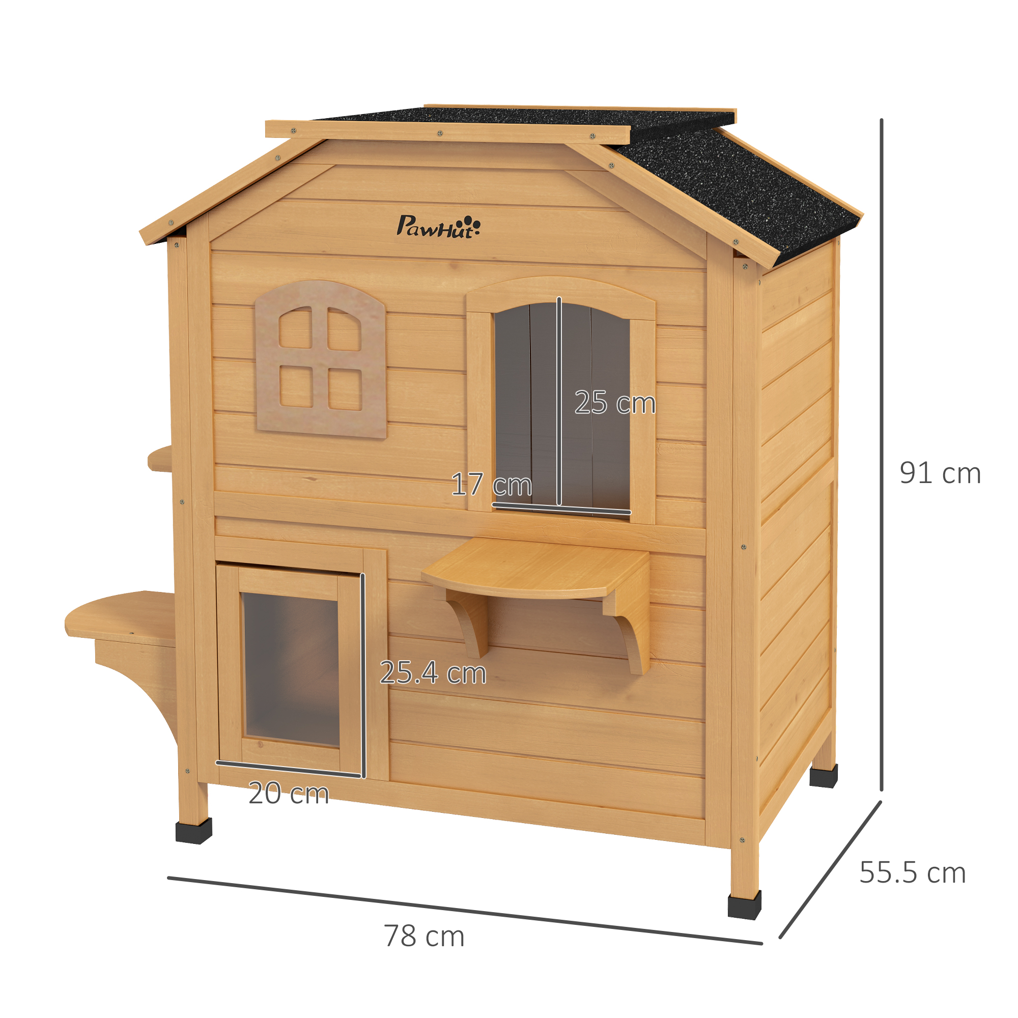 PawHut 2-story Cat House Outdoor, Weatherproof Wooden Cat Enclosure for Feral Cats with Escape Door, Openable Roof, Jumping Platforms, Natural Wood Finish 3