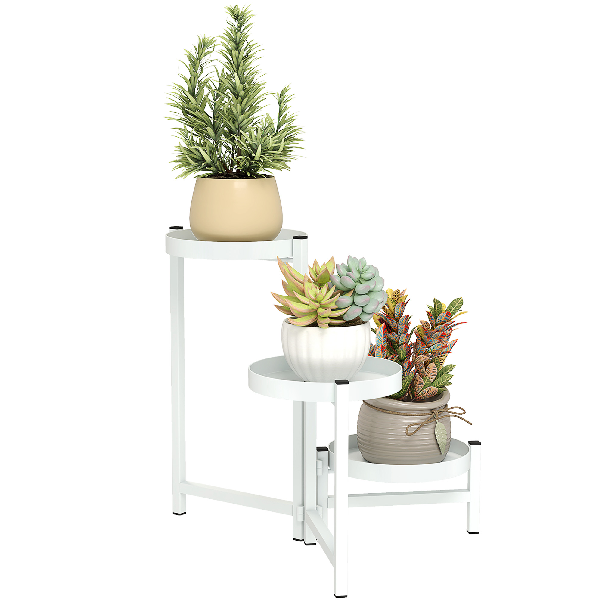 Outsunny Soporte para Plantas Plegable de Metal de 3 Niveles con 3 Estantes Redondos Soporte para Macetas 40x40x42 cm Blanco