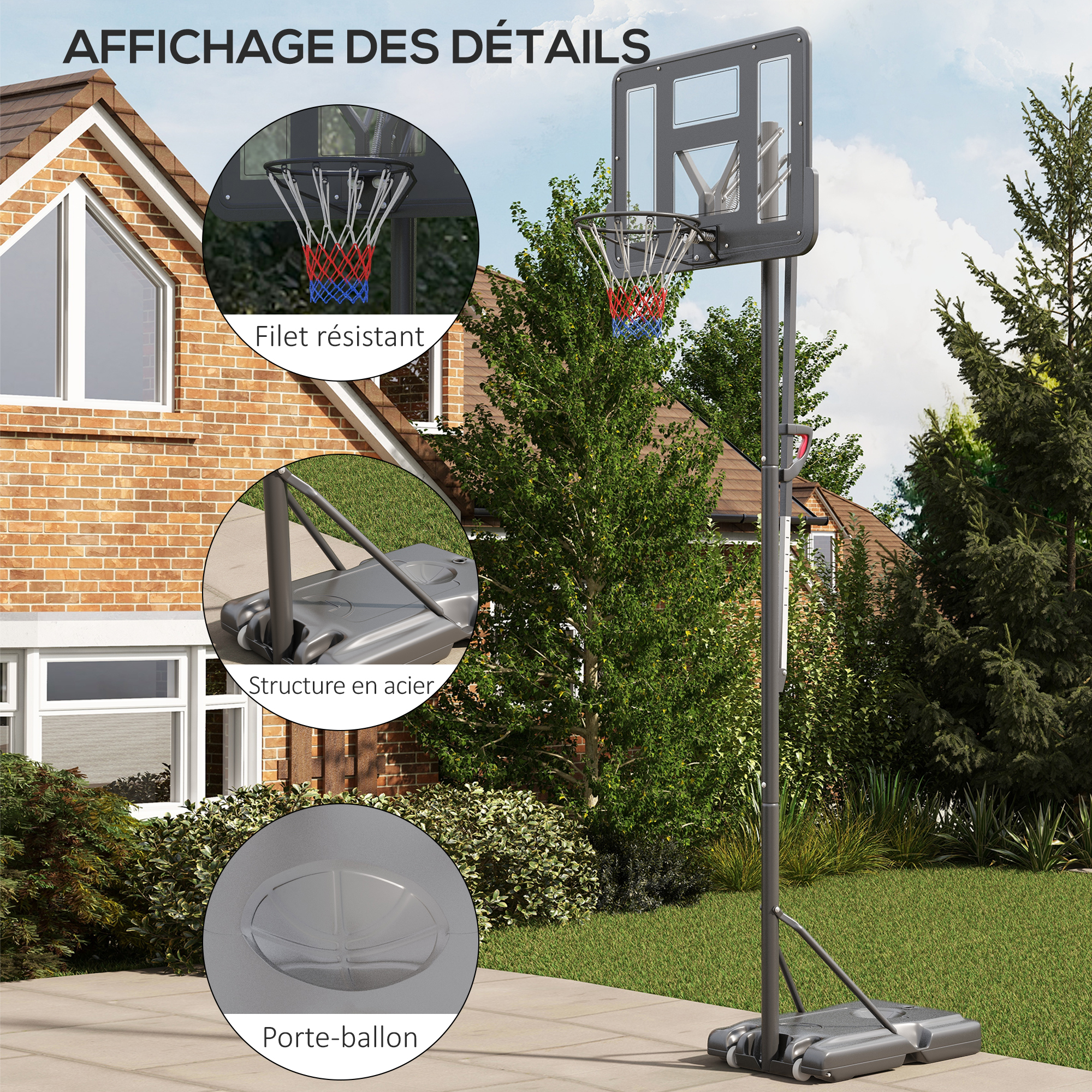 Panier De Basket Sur Pied – Hauteur Réglable Jusqu'à 3,05m – Avec Roulettes – 97x65x360cm