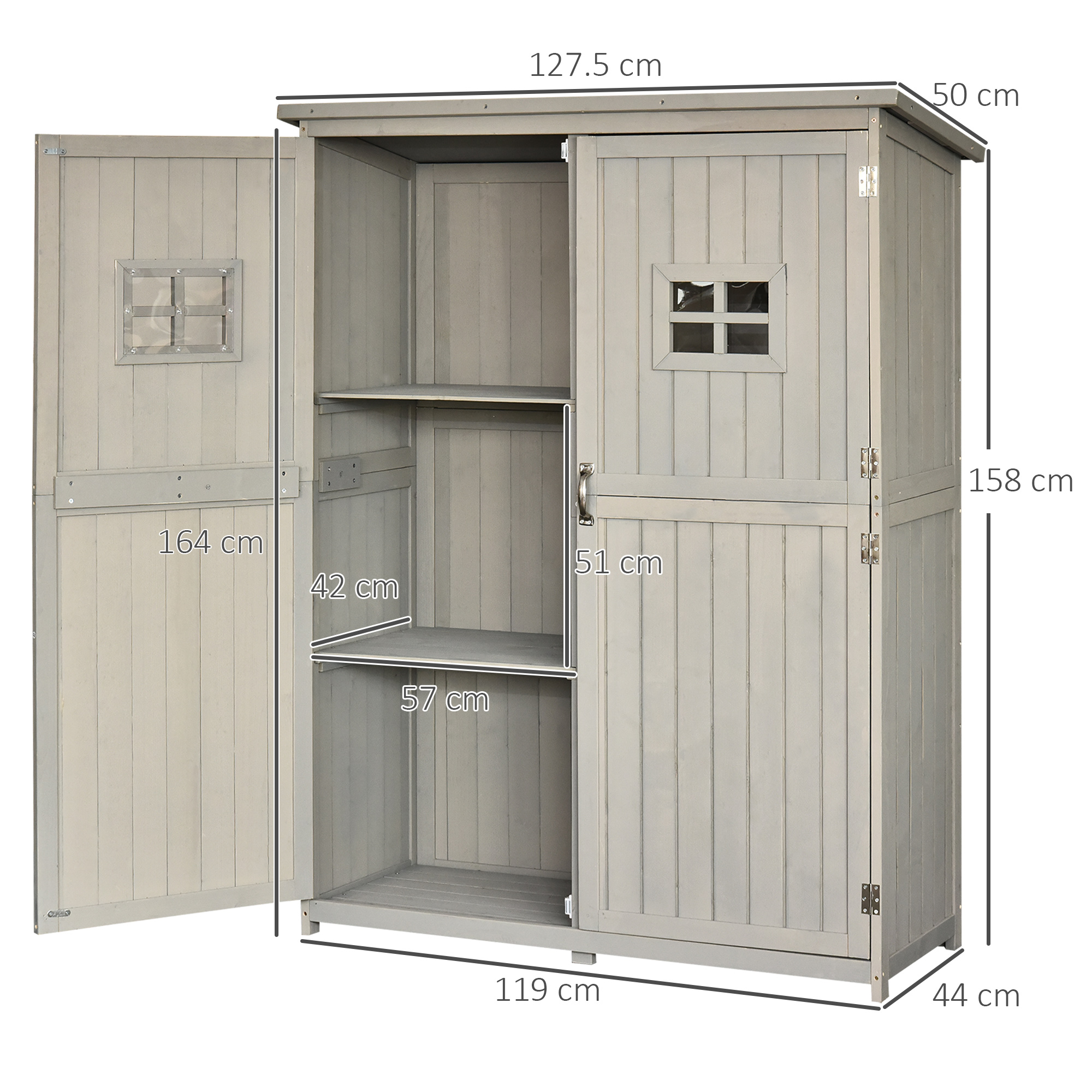 Outsunny Wooden Garden Shed with Two Windows, Tool Storage Cabinet, Outdoor Double Door Organizer 127.5L x 50W x 164H cm, Grey 3