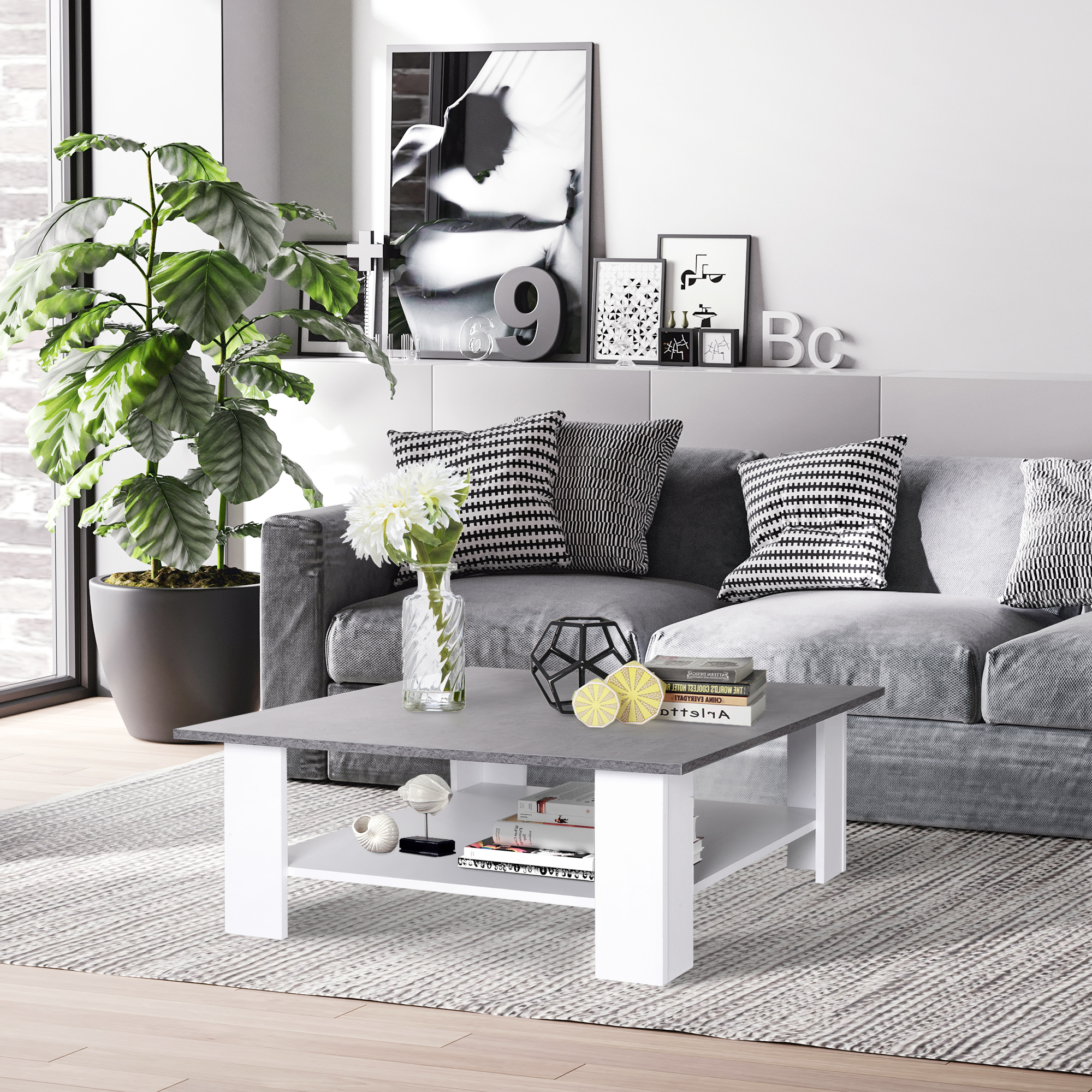 HOMCOM Square Coffee Table, Wooden Coffee Table with Storage, Cocktail Center Tea Table for Home Office, 80W x 80D x 31.5Hcm, Grey and White 2