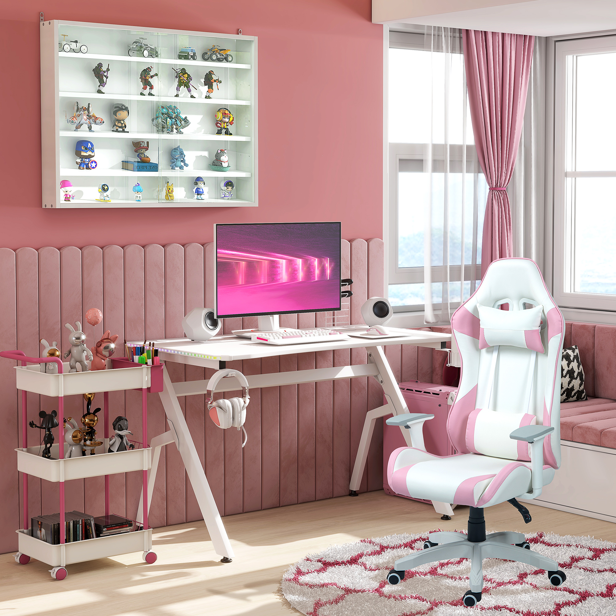 HOMCOM RGB 120 x 66cm Gaming Desk, Computer Table with Carbon Fibre Surface, Headphone Hook, Cup Holder, Controller Rack, Home Office Desk, White 8