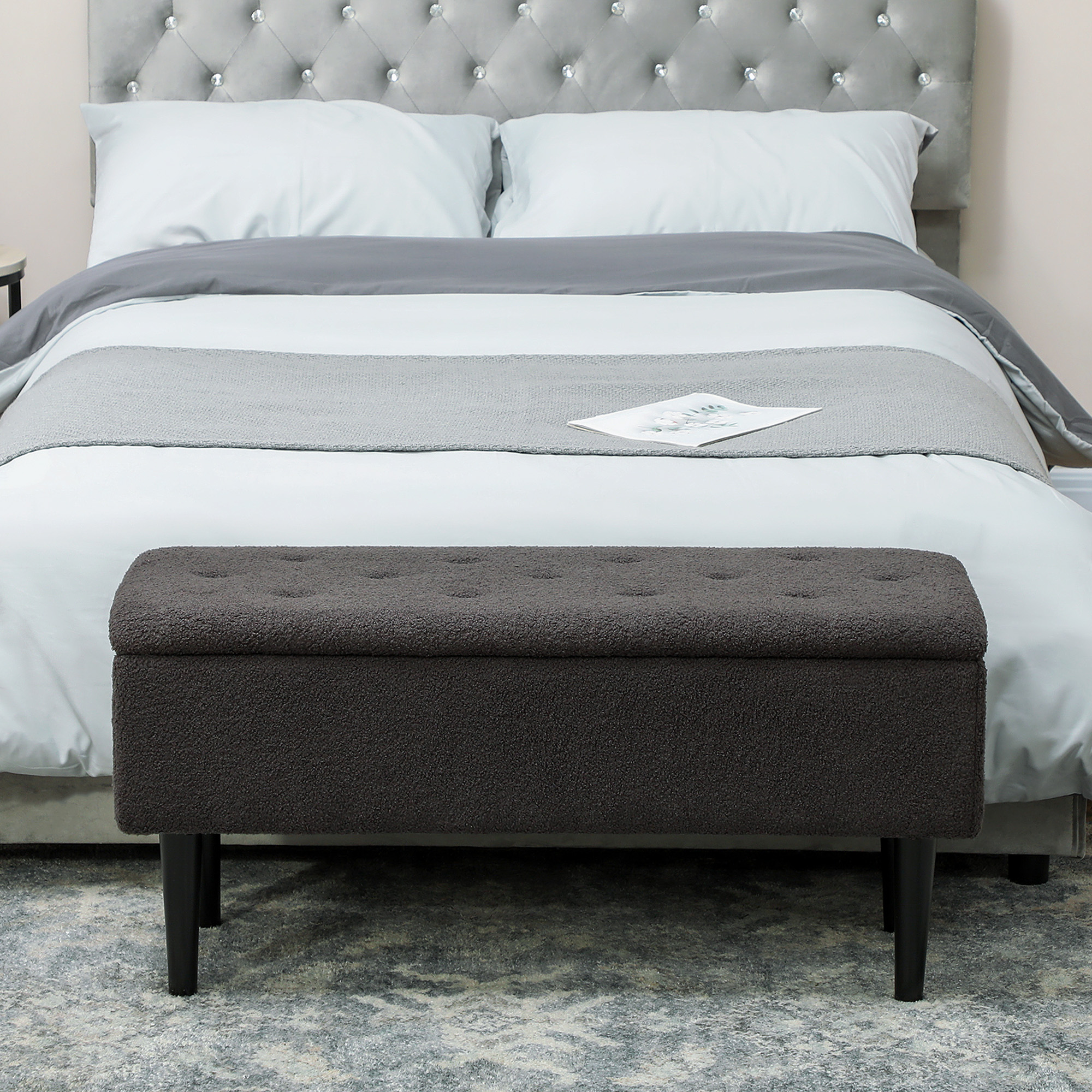 HOMCOM 57L Teddy Fleece Storage Ottoman Dark Grey 8