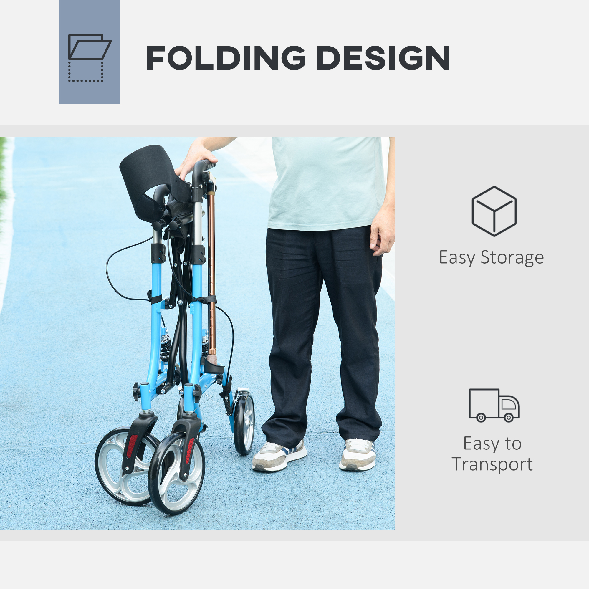 HOMCOM 4 Wheel Rollator with Seat and Back, Lightweight Folding Mobility Walker with Large Wheels, Carry Bag, Adjustable Height, Aluminium Walking Frame with Dual Brakes for Seniors, Blue 5