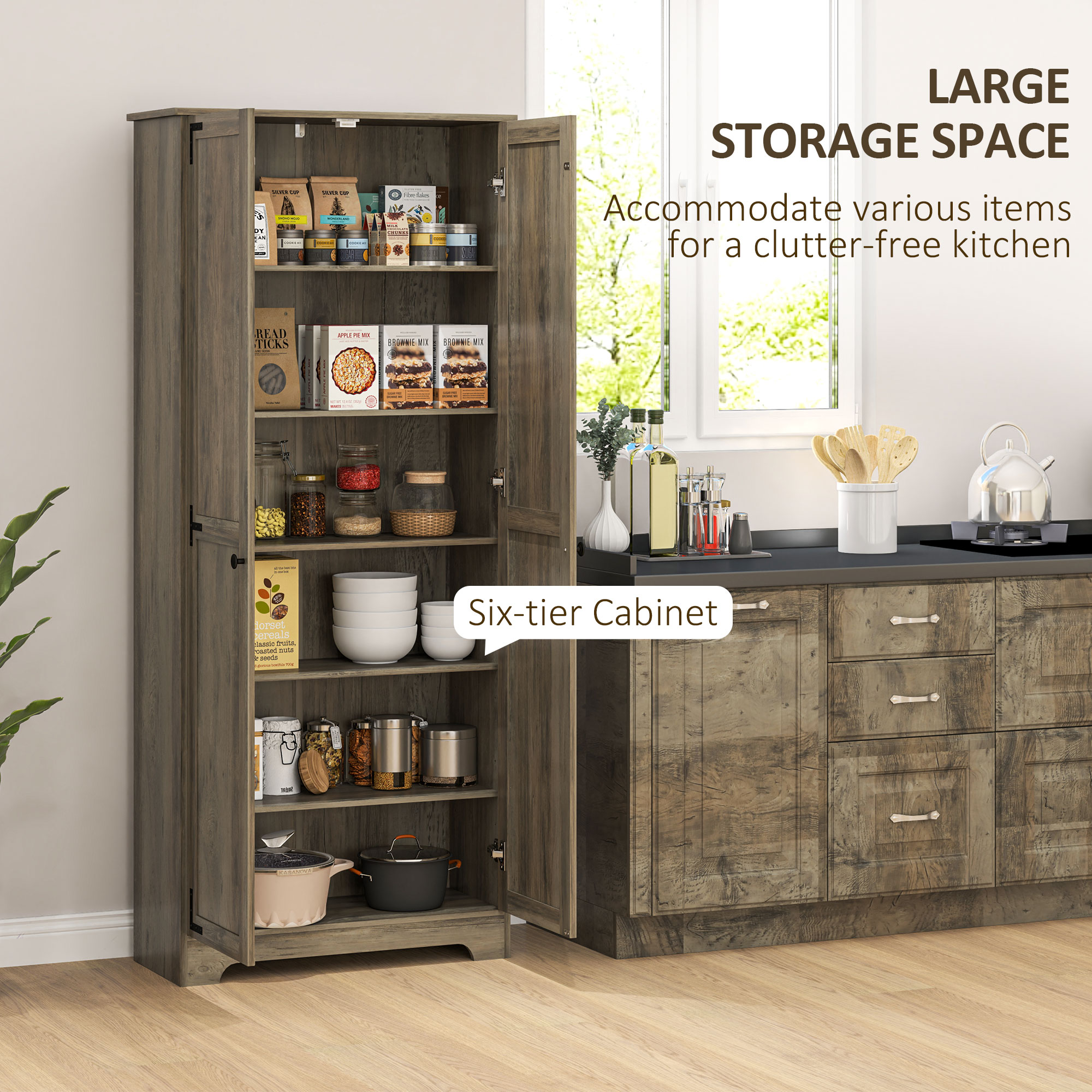 HOMCOM Farmhouse Kitchen Cupboard, Freestanding Kitchen Storage Cabinet with Adjustable Shelves, Tall Storage Cabinet with Recessed Doors, Grey Wood-Effect 5
