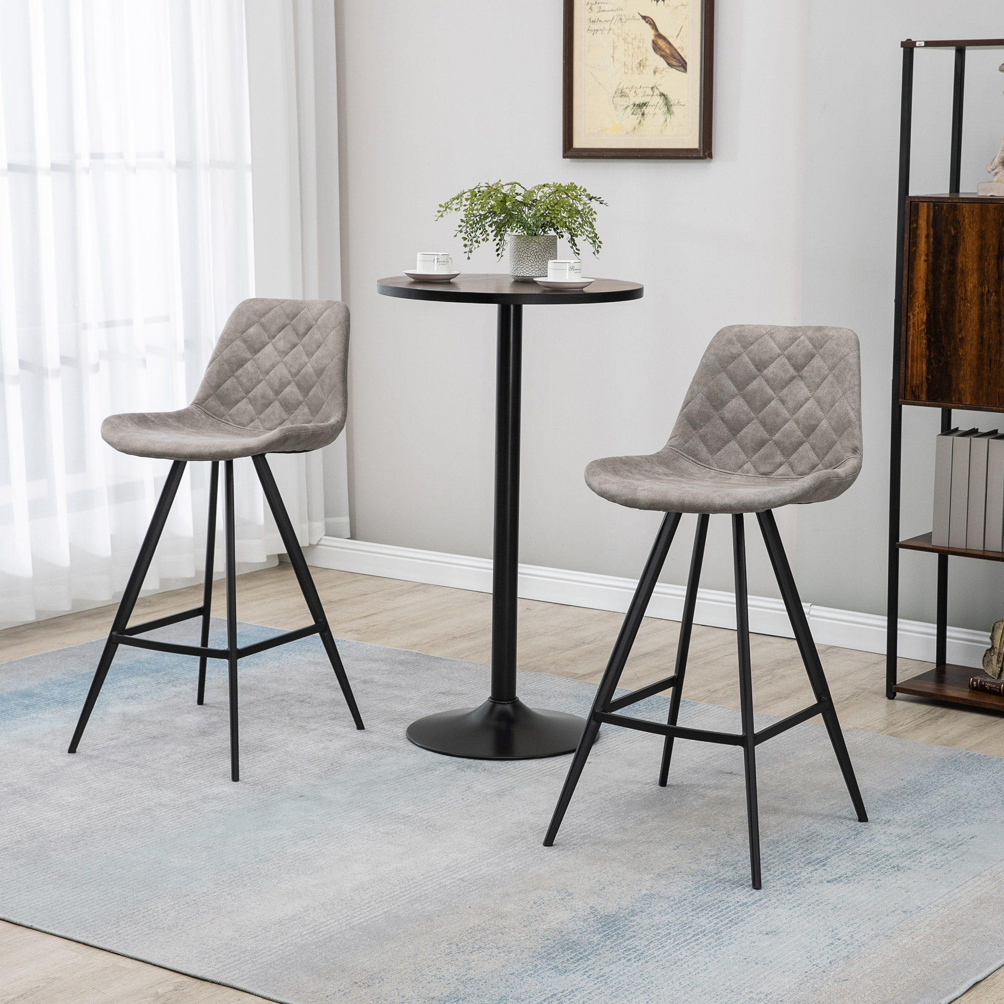 HOMCOM Set Of 2 Bar Stools Vintage Microfiber Cloth Tub Seats Padded Comfortable Steel Frame Footrest Quilted Home Bar Cafe Kitchen Chair Stylish Grey 2