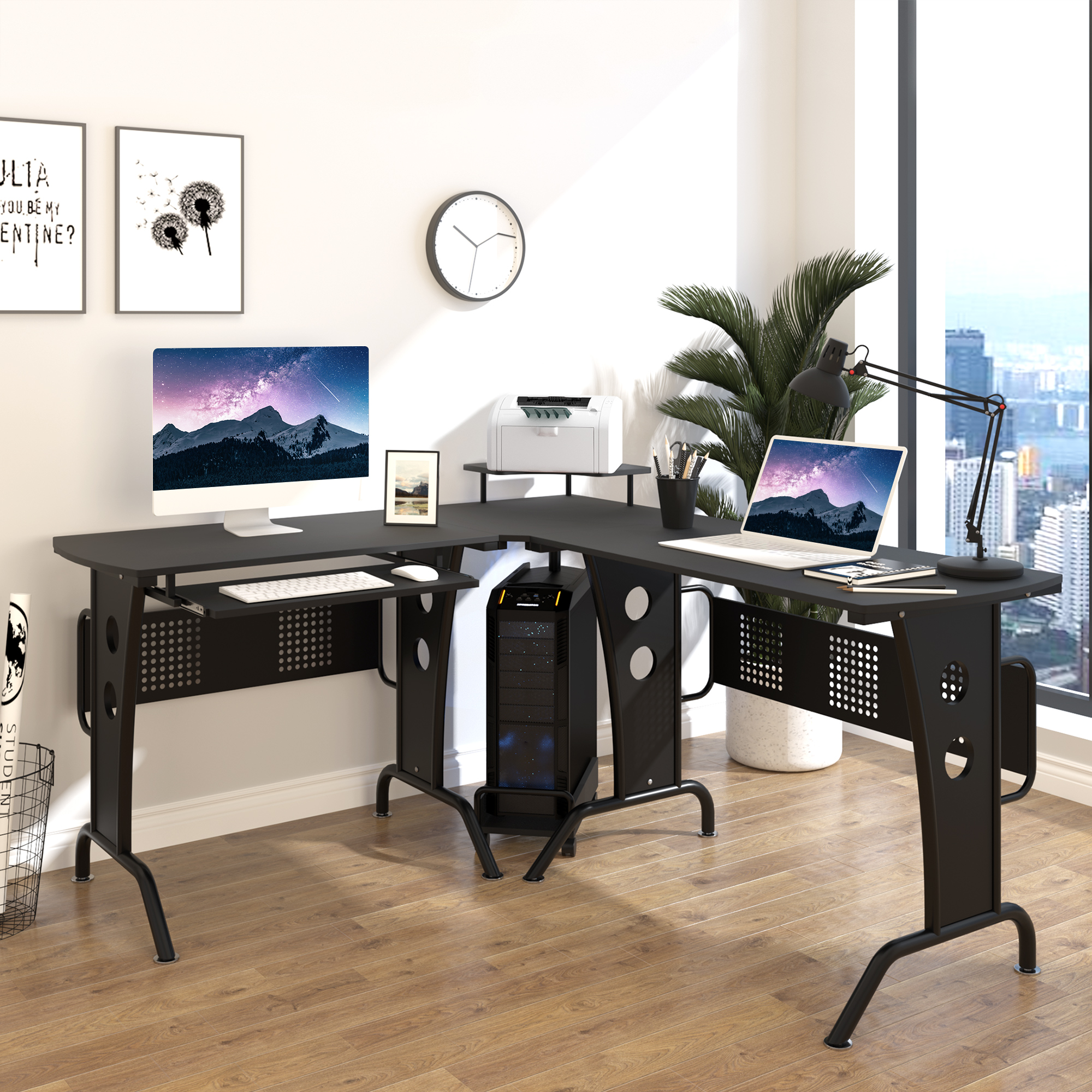 ODK Scrivania Gaming con LED, Scrivania Gaming Angolare con Prese e Porte USB, Scrivania Gaming ad Angolo con Supporto per Monitor, Nero Fibra di Carbonio, 129x129 cm