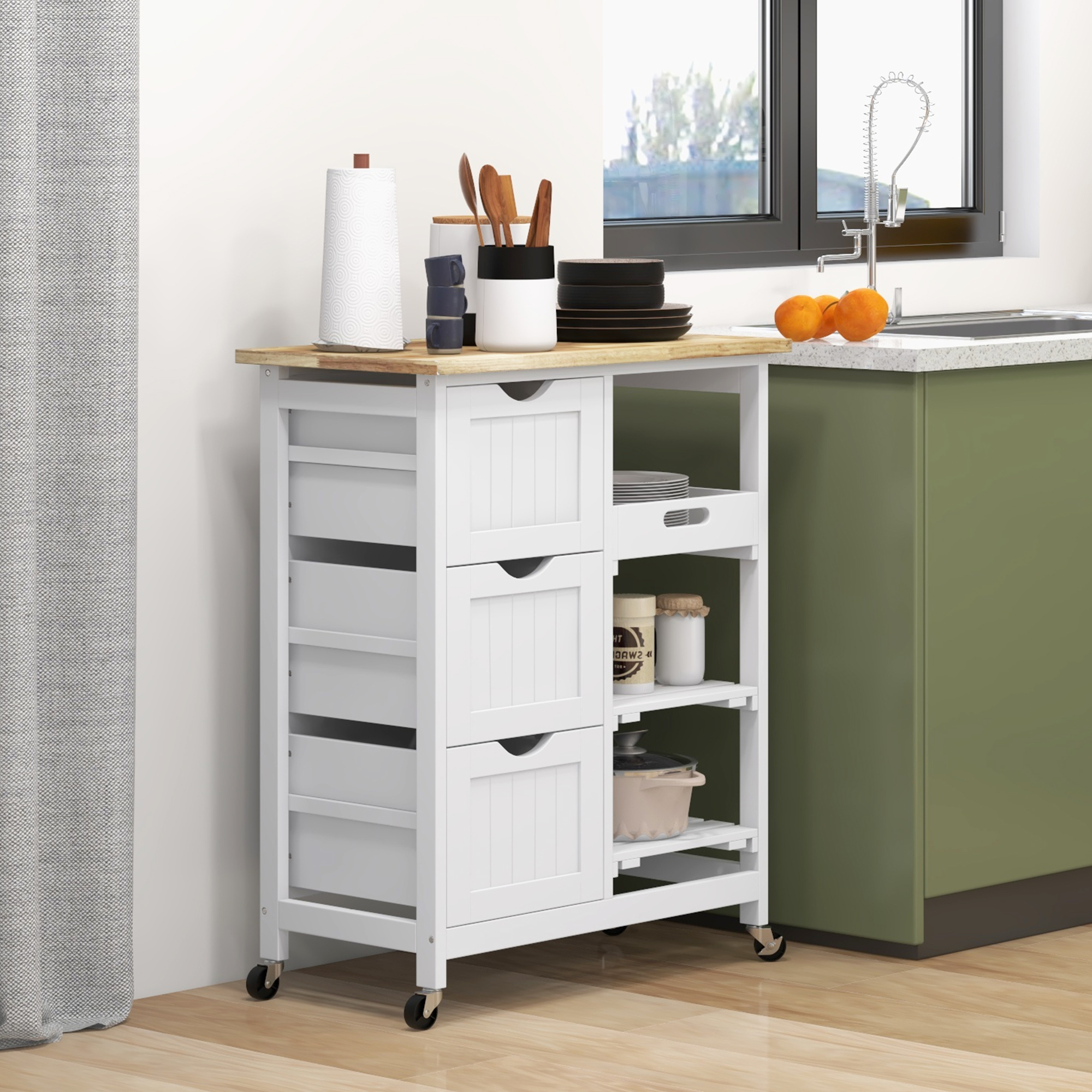 HOMCOM Rolling Kitchen Island Cart, Bar Serving Cart, Compact Trolley on Wheels with Wood Top, Shelves & Drawers for Home Dining Area, White 2