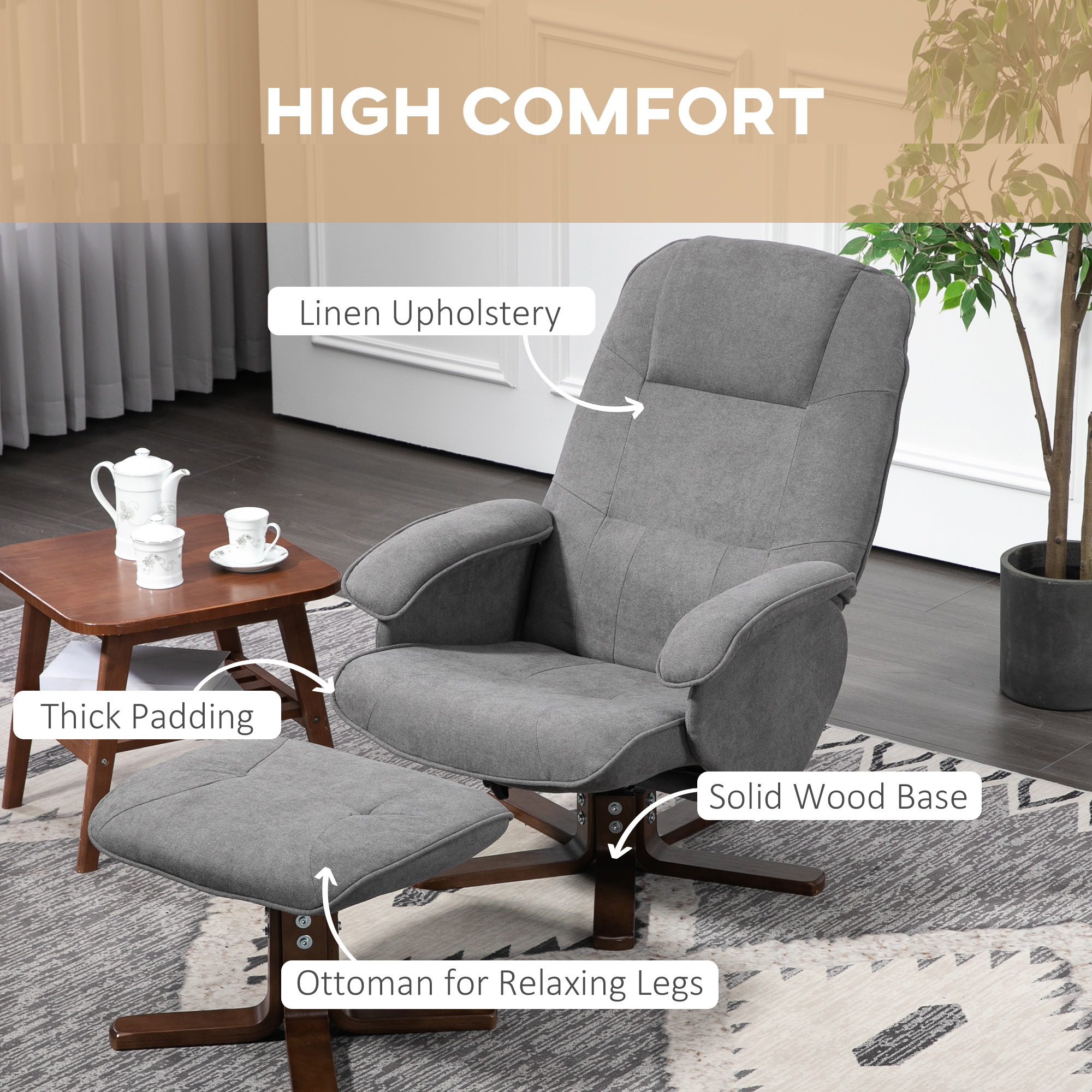 HOMCOM Linen Swivel Recliner Chair with Footstool, Upholstered Reclining Armchair with Wooden Base for Living Room, Grey 6