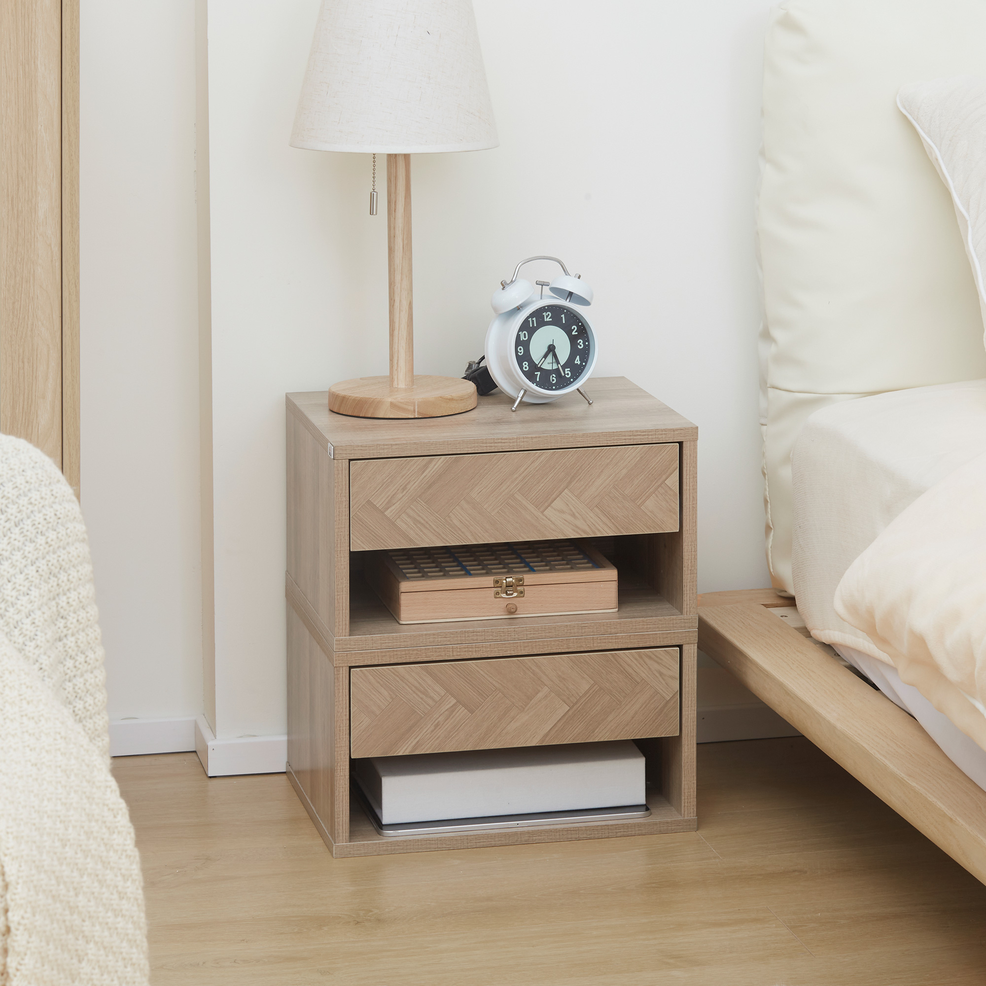HOMCOM 2 Pieces Bedside Table Wall Mounted Nightstand with Drawer and Shelf for Bedroom, 37 x 32 x 21cm, Natural 7