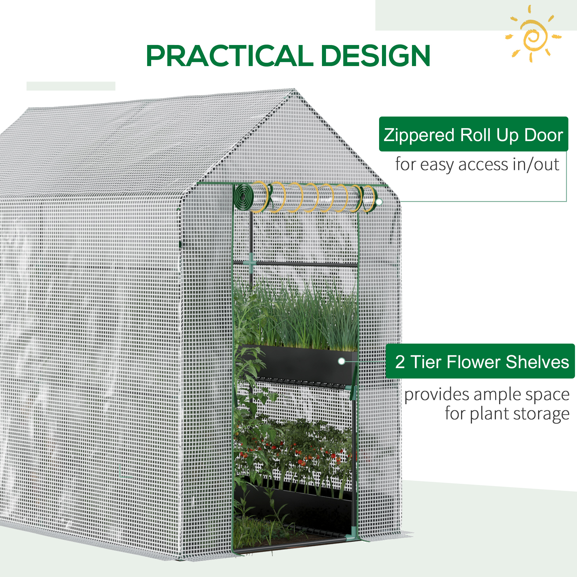 Outsunny Walk In Greenhouse with 2-Tier Shelves, Roll up Zip Panel Door, Garden Polytunnel Steeple Grow House for Outdoor, 6 x 4 x 6ft White 5