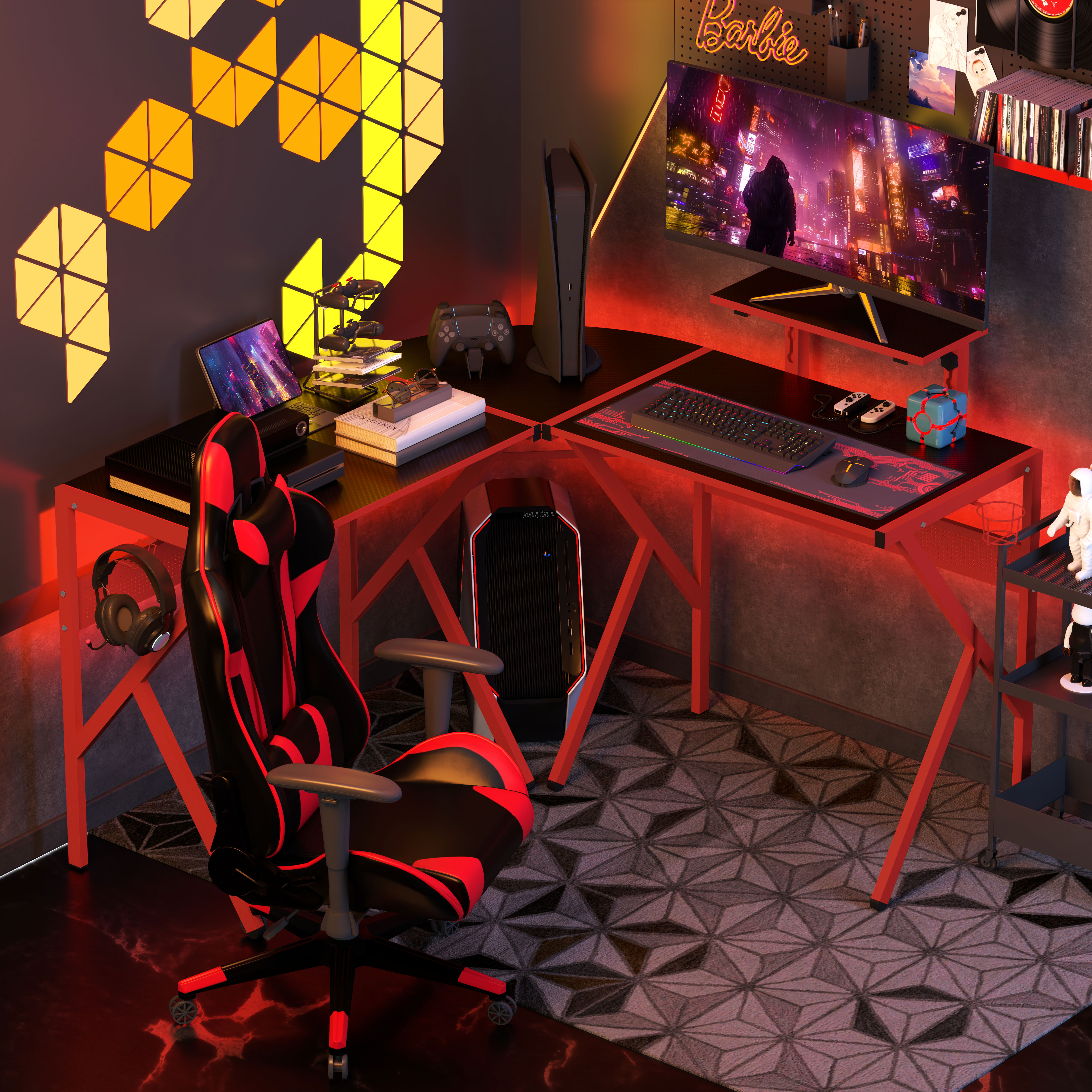 HOMCOM Gaming Desk L-Shaped Corner Computer Table for Home Office PC Workstations with Adjustable Monitor Stand Cup Holder Headphone Hook 125x125x75cm, Red 9