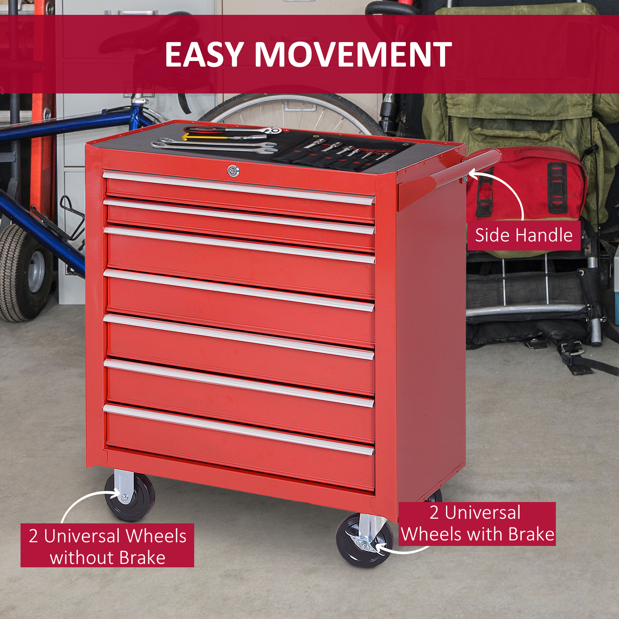DURHAND 7-Drawer Tool Box on Wheels Tool Cabinet 150 Load with Lockable swivel castors, Red 6