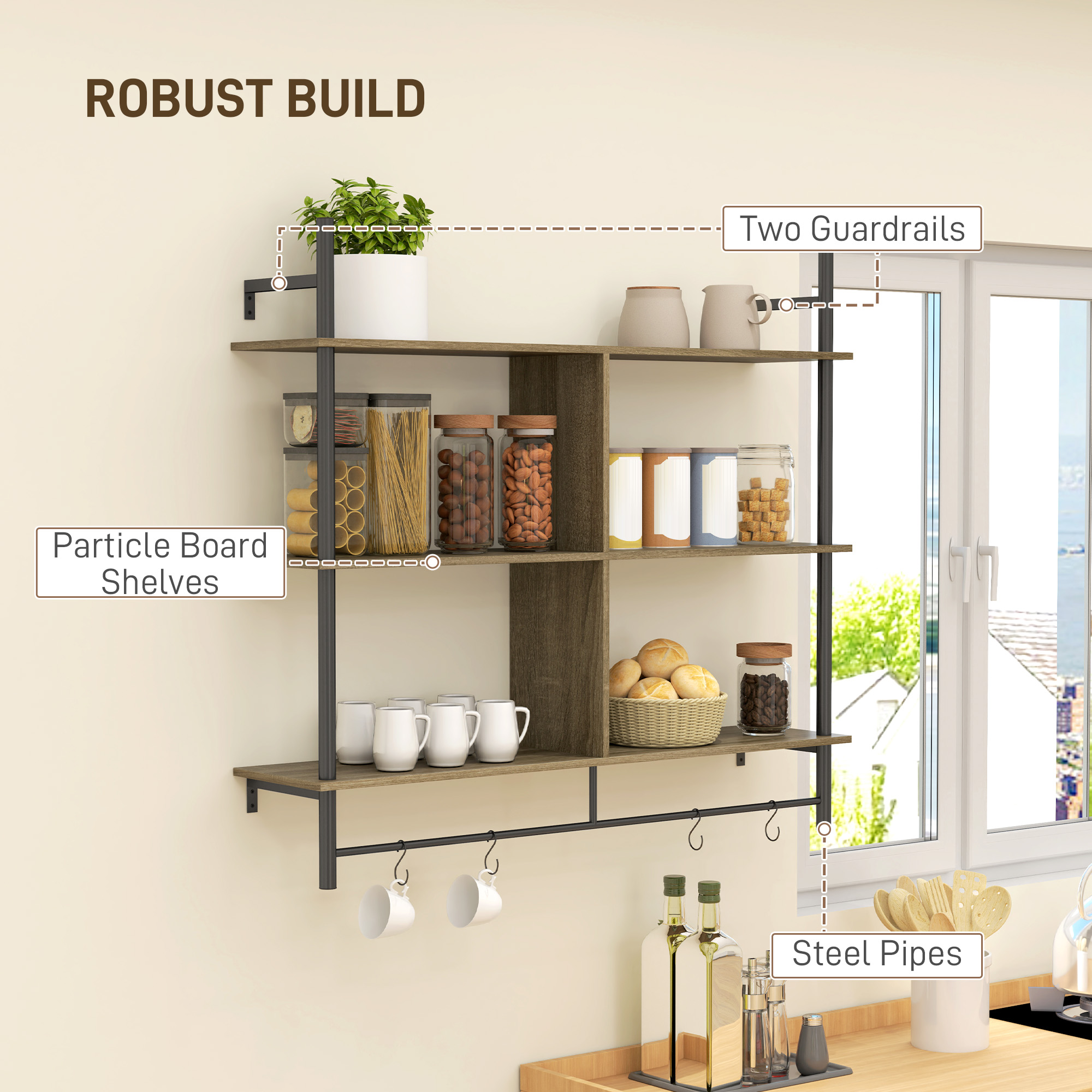 HOMCOM Three-Tier Floating Shelf Grey Wood Effect 5