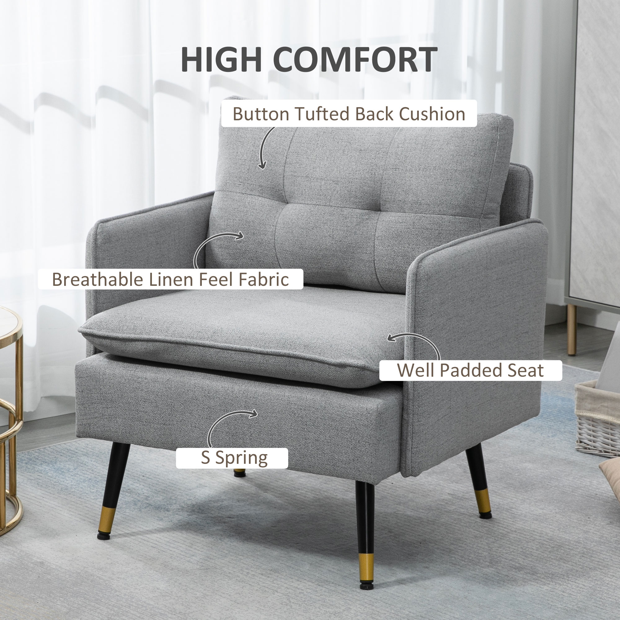 HOMCOM Modern Accent Chair, Upholstered Button Tufted Occasional Chair for Living Room and Bedroom, Grey 4
