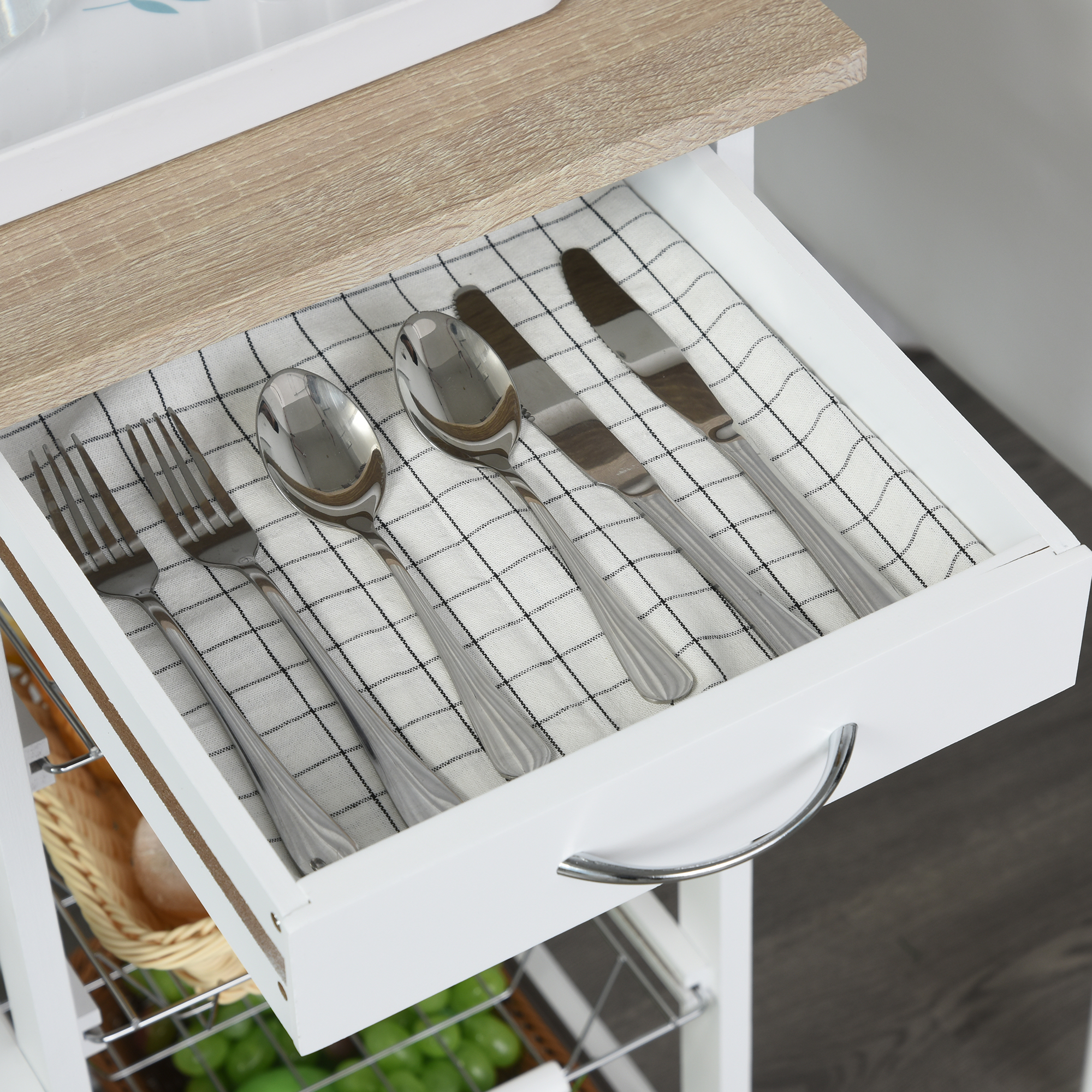 HOMCOM Rolling Kitchen Cart, Utility Storage Cart with 4 Basket Drawers & Side Racks, Wheels for Dining Room, Natural and White 7