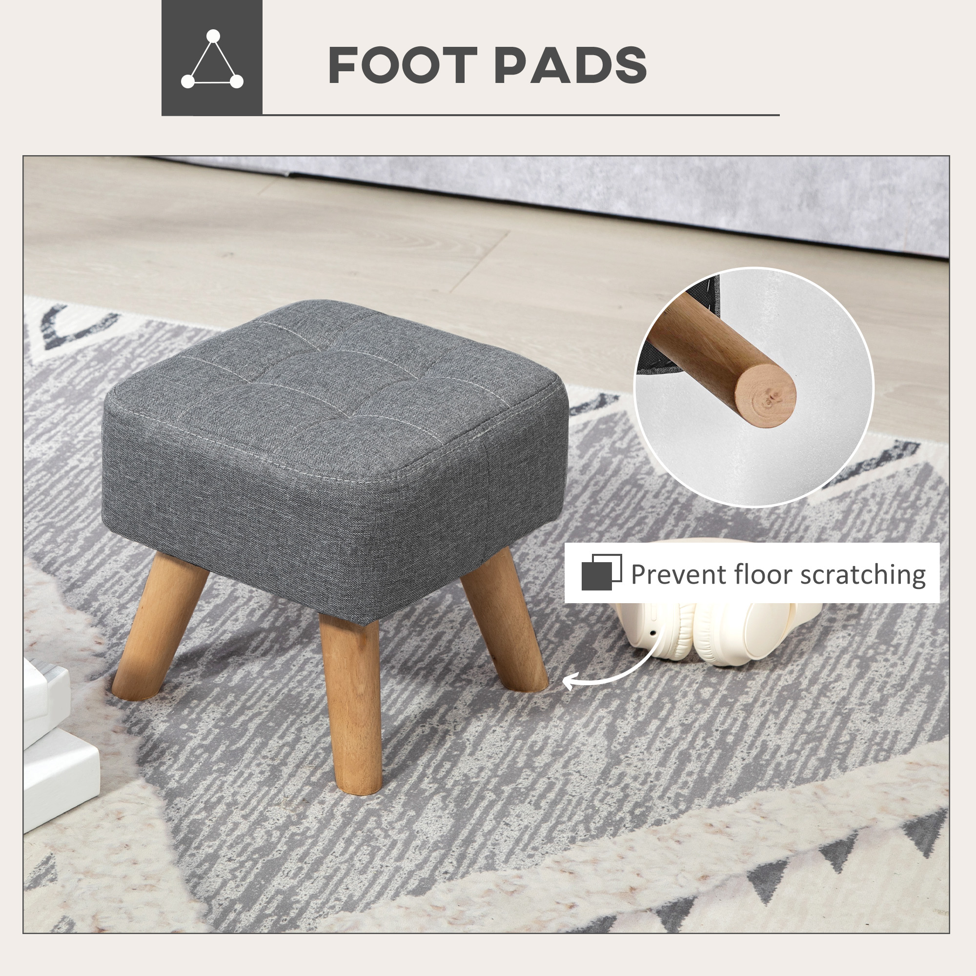 HOMCOM Linen-Look Square Padded Footstool Grey 6