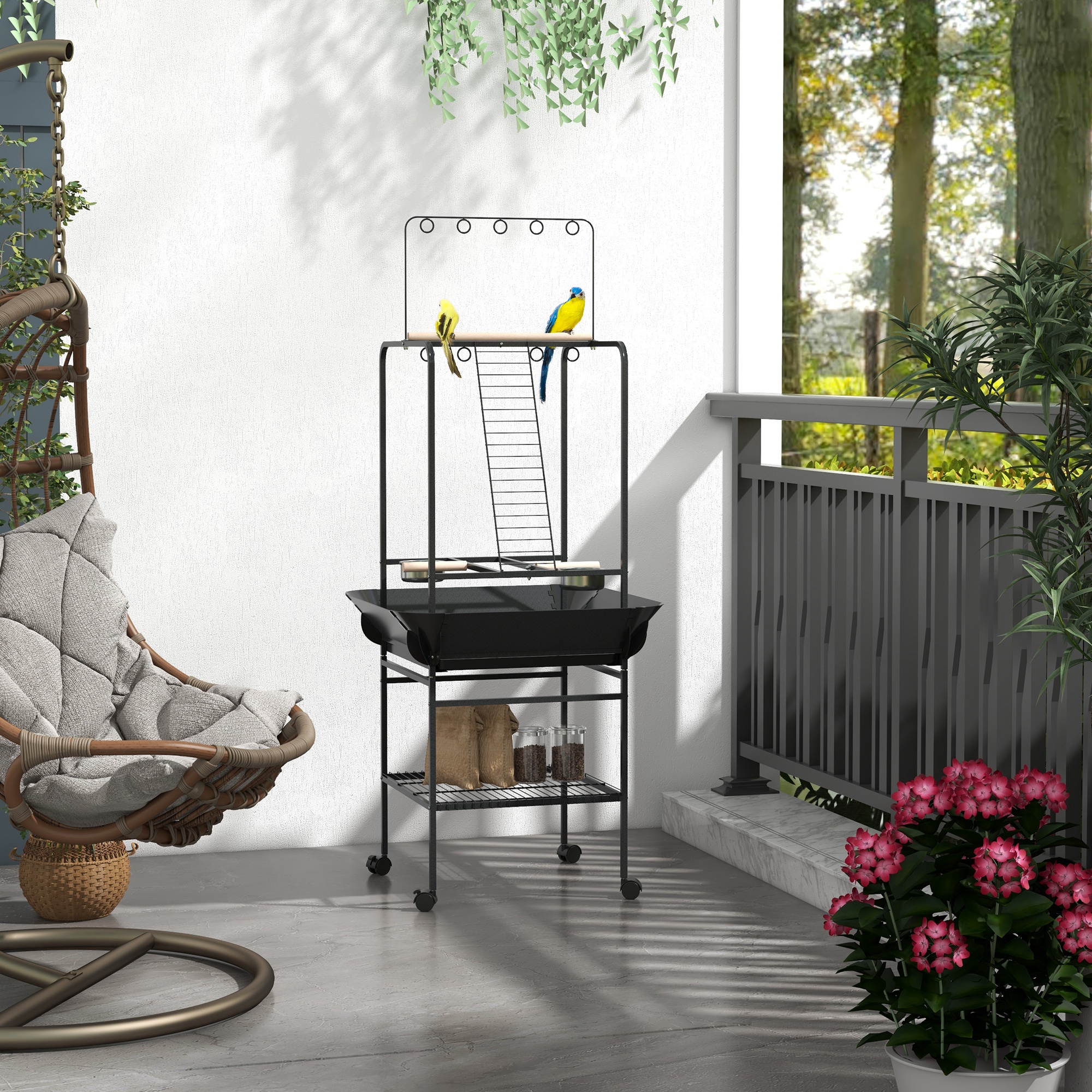 PawHut Bird Stand with Four Wheels, Perches, Stainless Steel Feed Bowls, Round Tray, for Garden, Indoor, Outdoor - White