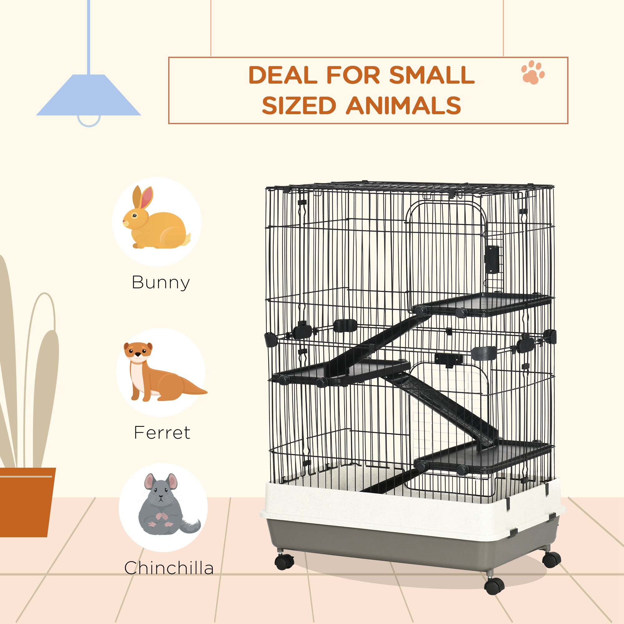 PawHut Four-Tier Small Animal Cage, for Bunnies, Ferrets, Chinchillas w/ Wheels, Tray Black 6