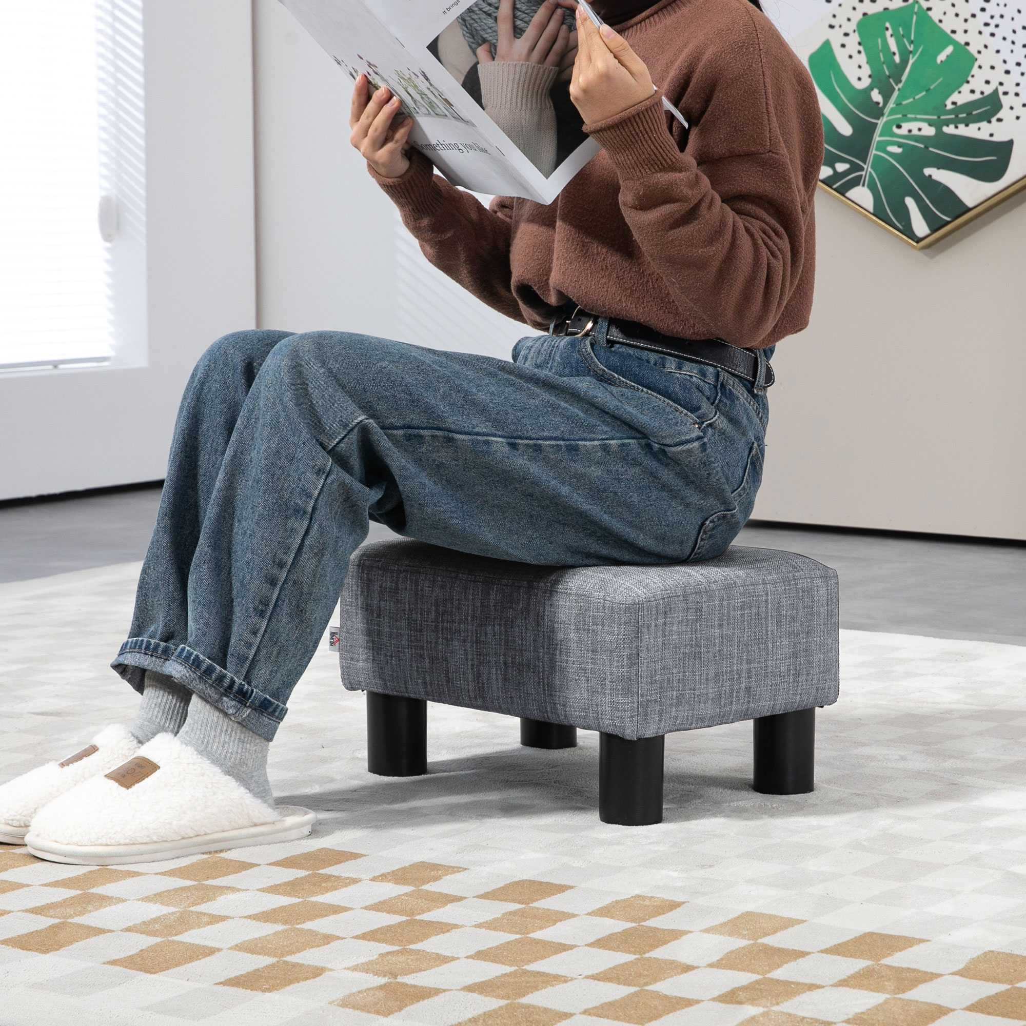 HOMCOM Linen Fabric Footstool Ottoman Cube with 4 Plastic Legs, Grey 7