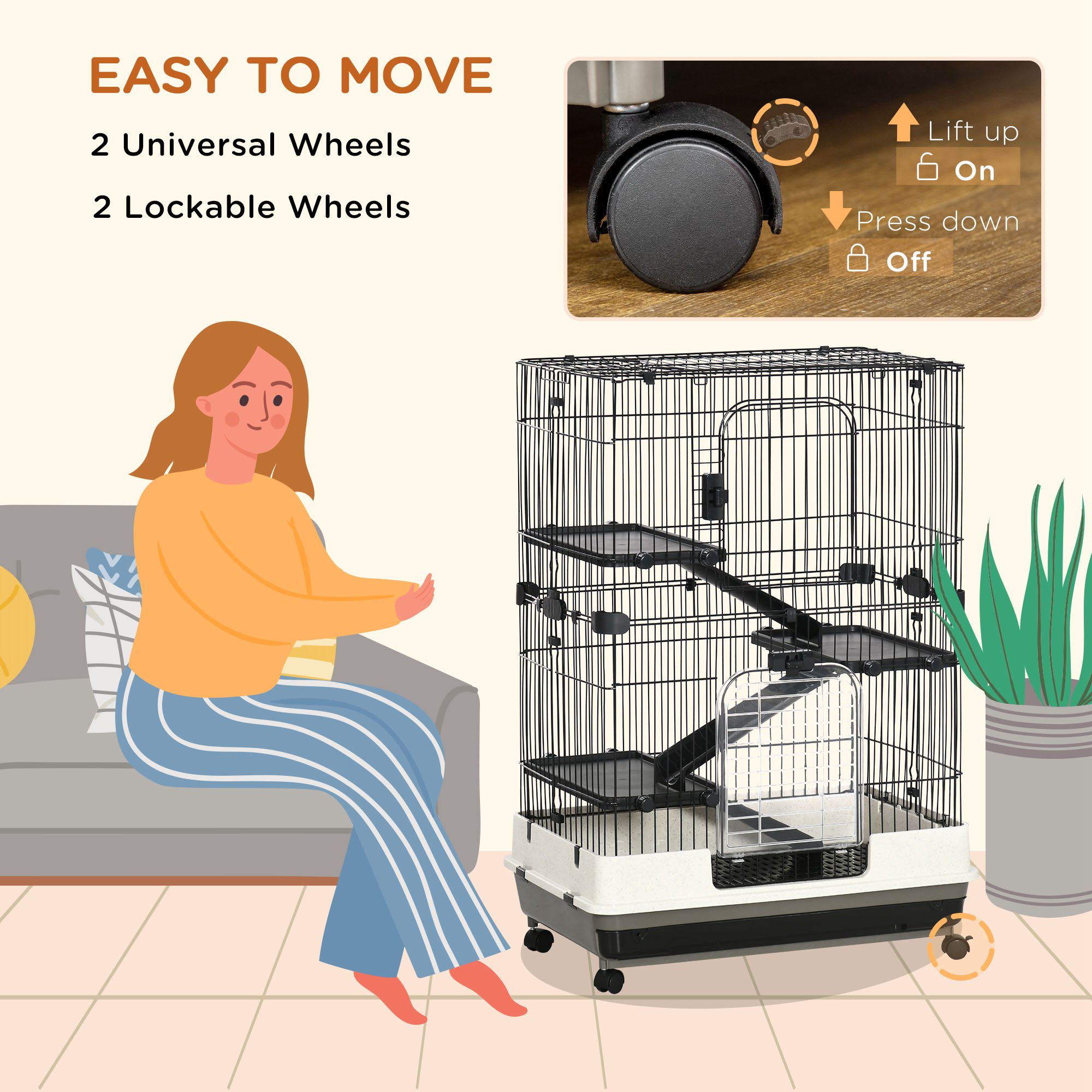 PawHut Four-Tier Small Animal Cage, for Bunnies, Ferrets, Chinchillas w/ Wheels, Tray Black 5