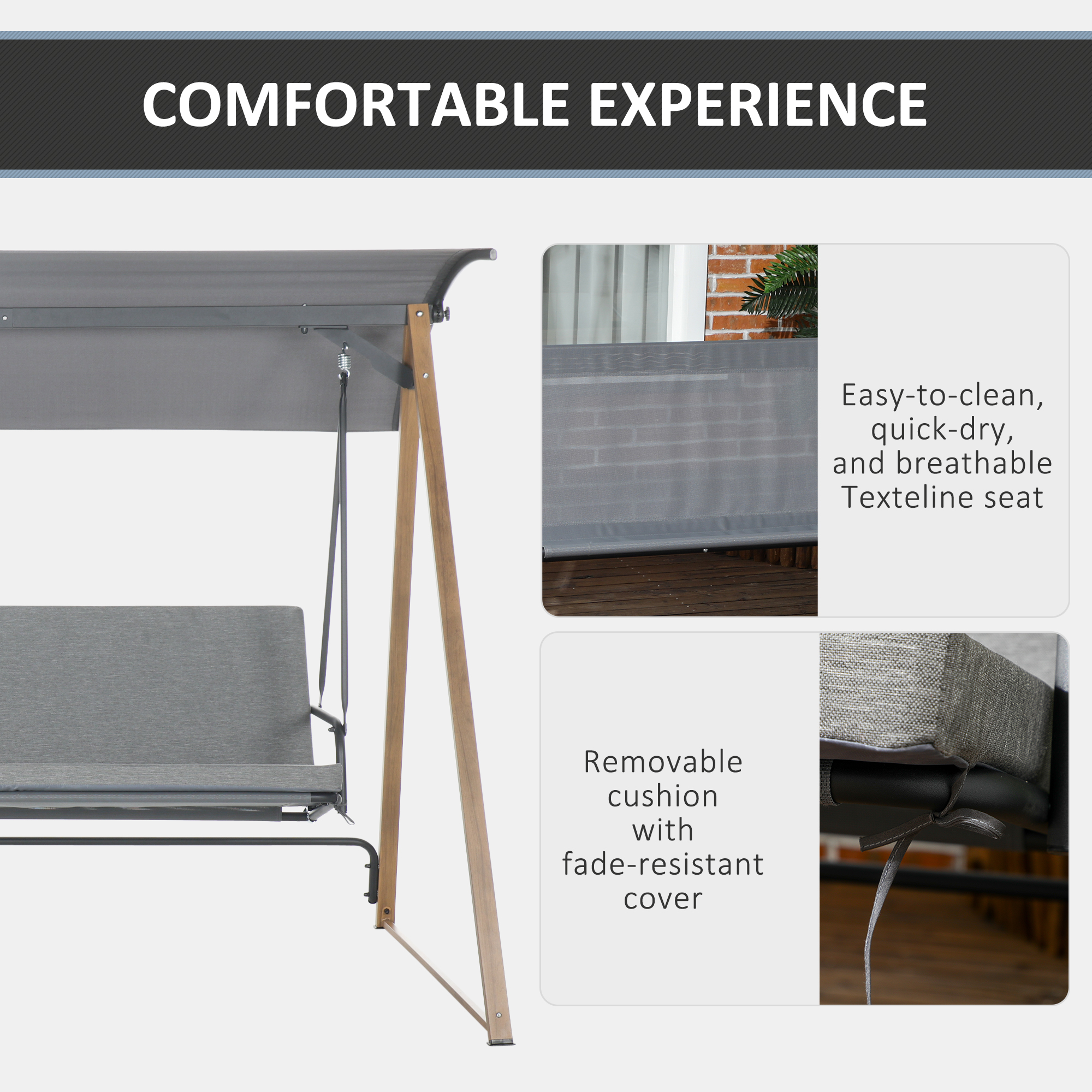 Outsunny 3 Seater Swing Chair, Garden Swing Bench with Adjustable Canopy, Cushioned Seat and Weather Resistant Steel Frame for Patio, Yard 6