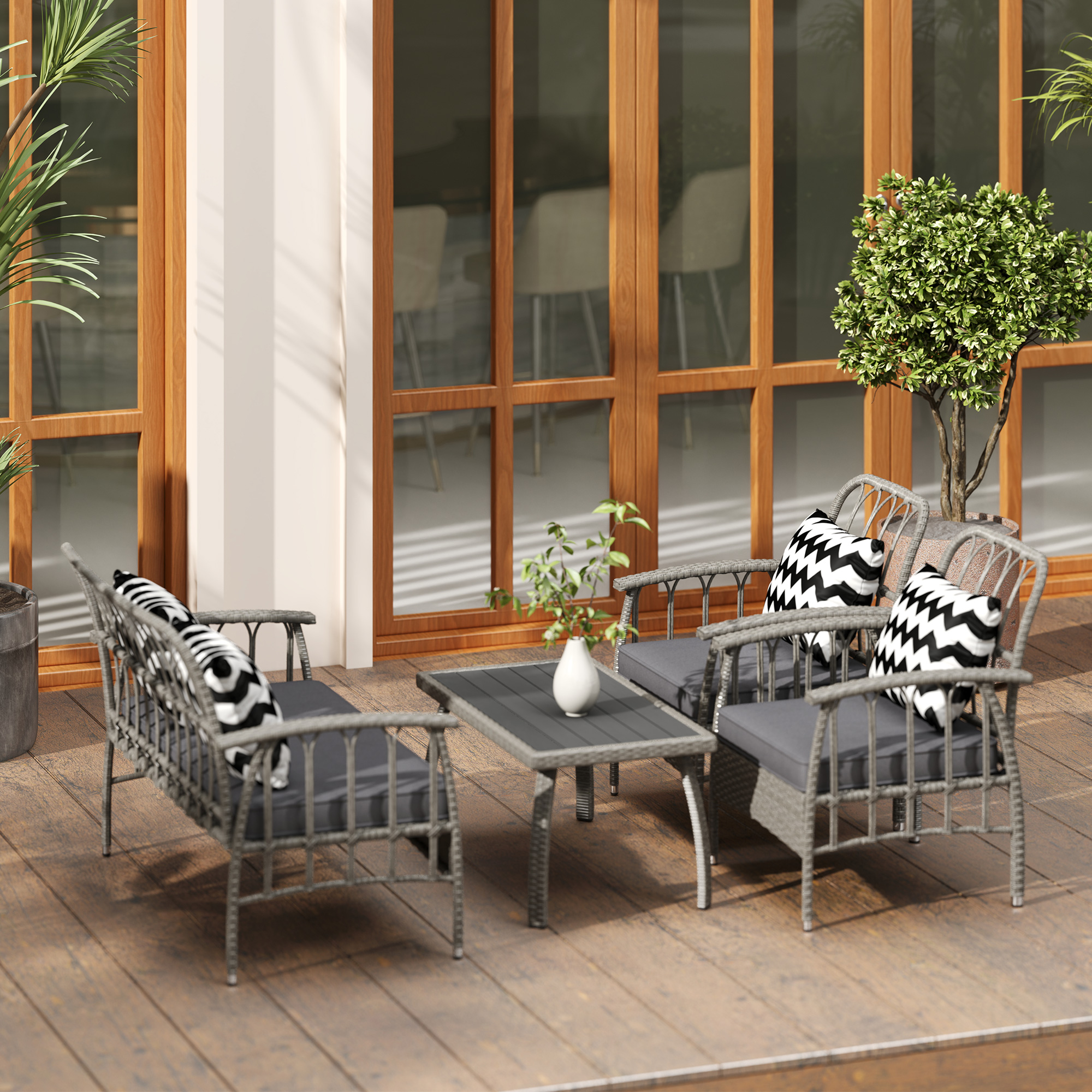 Outsunny Four-Piece Rattan Cut-Out Sofa Set Grey 9