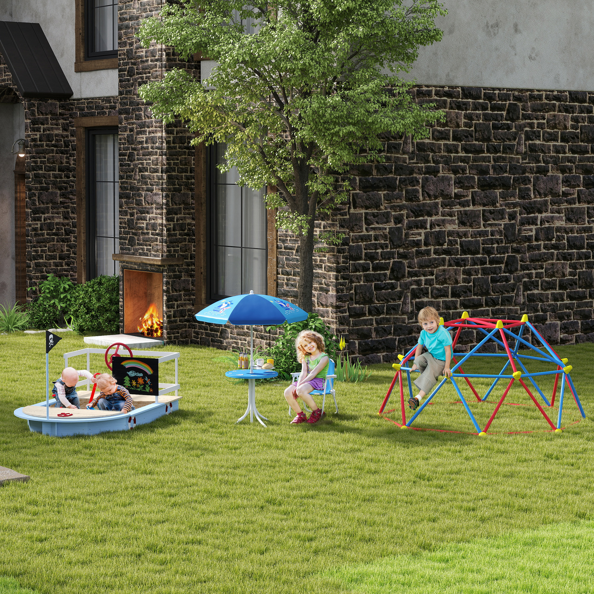 Outsunny Kids Outdoor Bistro Table and Chair Set, Folding Garden Furniture w/ Shark Design, Removable, Adjustable Sun Umbrella, Ages 3-6 Years Blue 9