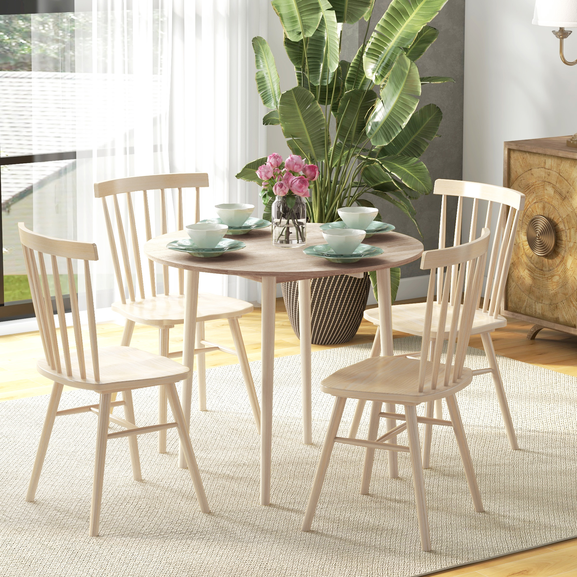 HOMCOM Folding Dining Table for 4, Round Drop Leaf Table, Modern Space Saving Small Kitchen Table with Wood Legs for Dining Room, Natural 2