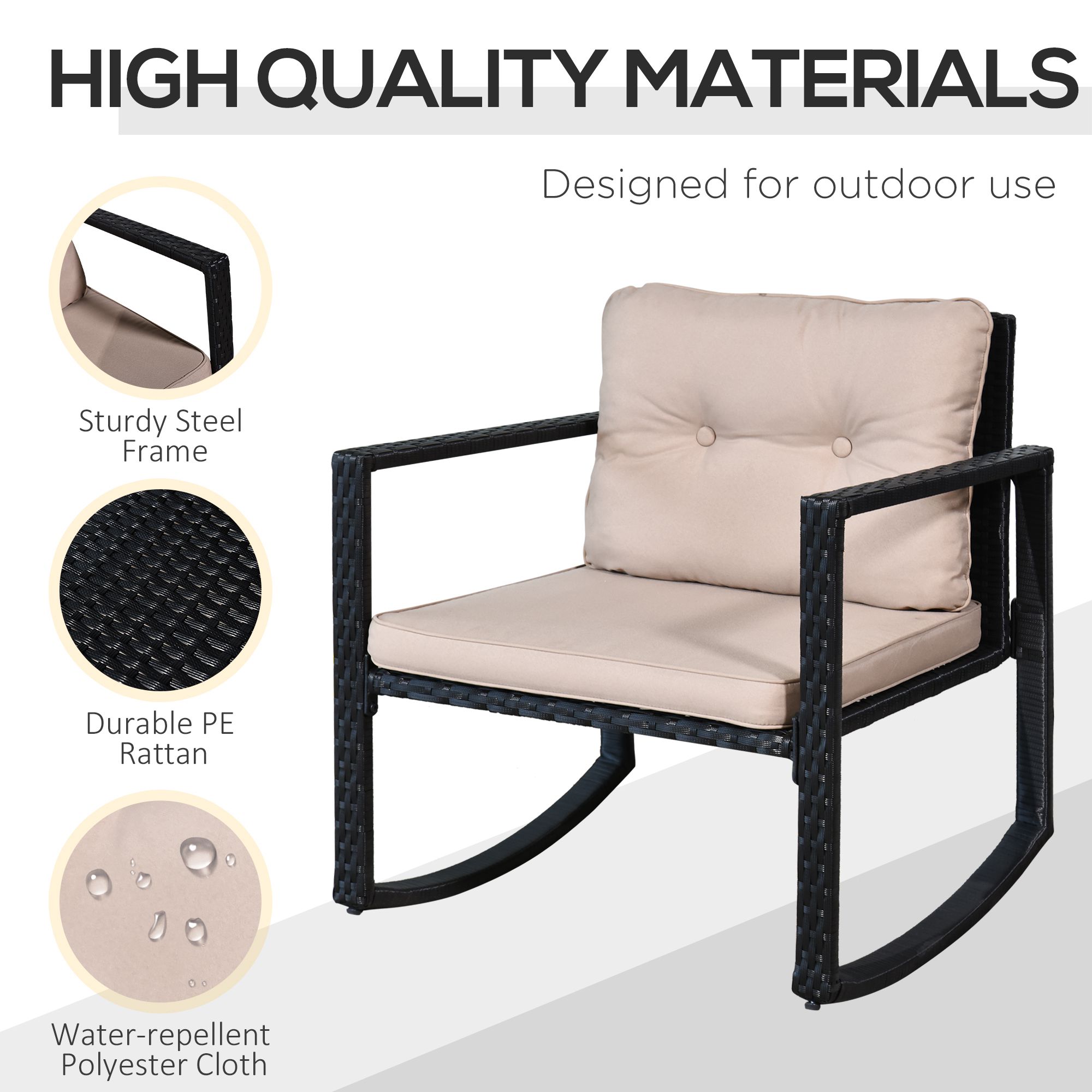Outsunny 3 Pieces Rattan Garden Rocking Chair Set, Outdoor Rocking Bistro Set w/ 2 Cushioned Armchair and Glass Top Two-tier Coffee Table, Black 5
