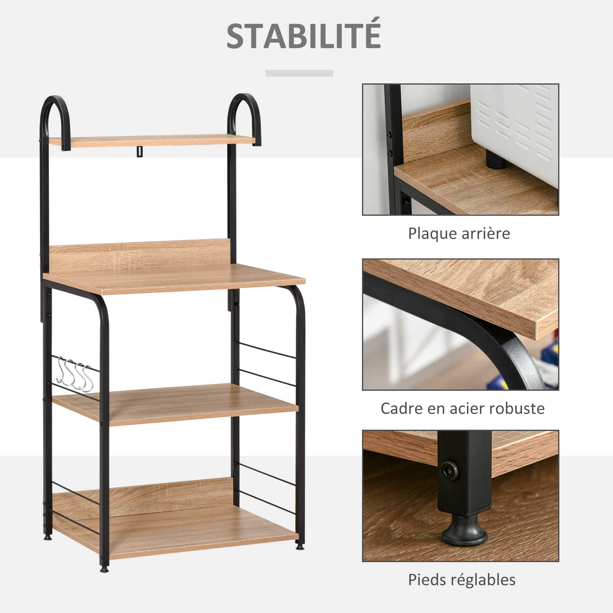 Étagère Micro-ondes Extensible 2 Niveaux - Avec 3 Crochets - En Métal Noir - Pour Cuisine, Bureau - Réglable De 39,5 à 64 Cm