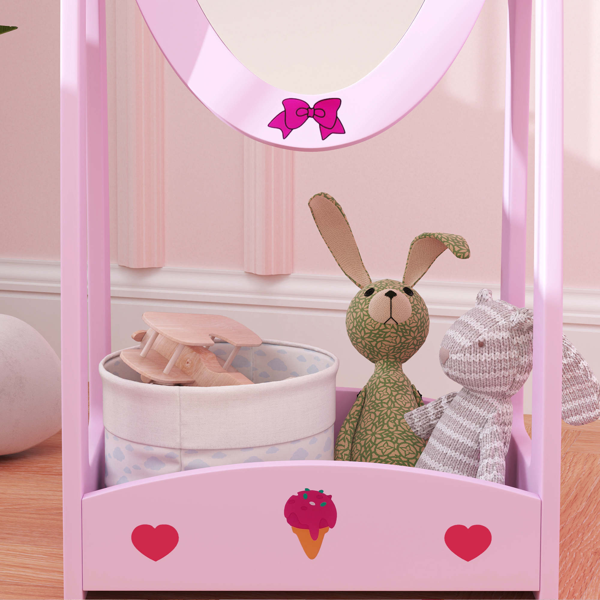 AIYAPLAY Kids Full Length Mirror, 360° Rotating Children Standing Mirror with Storage Shelf, Pink 9