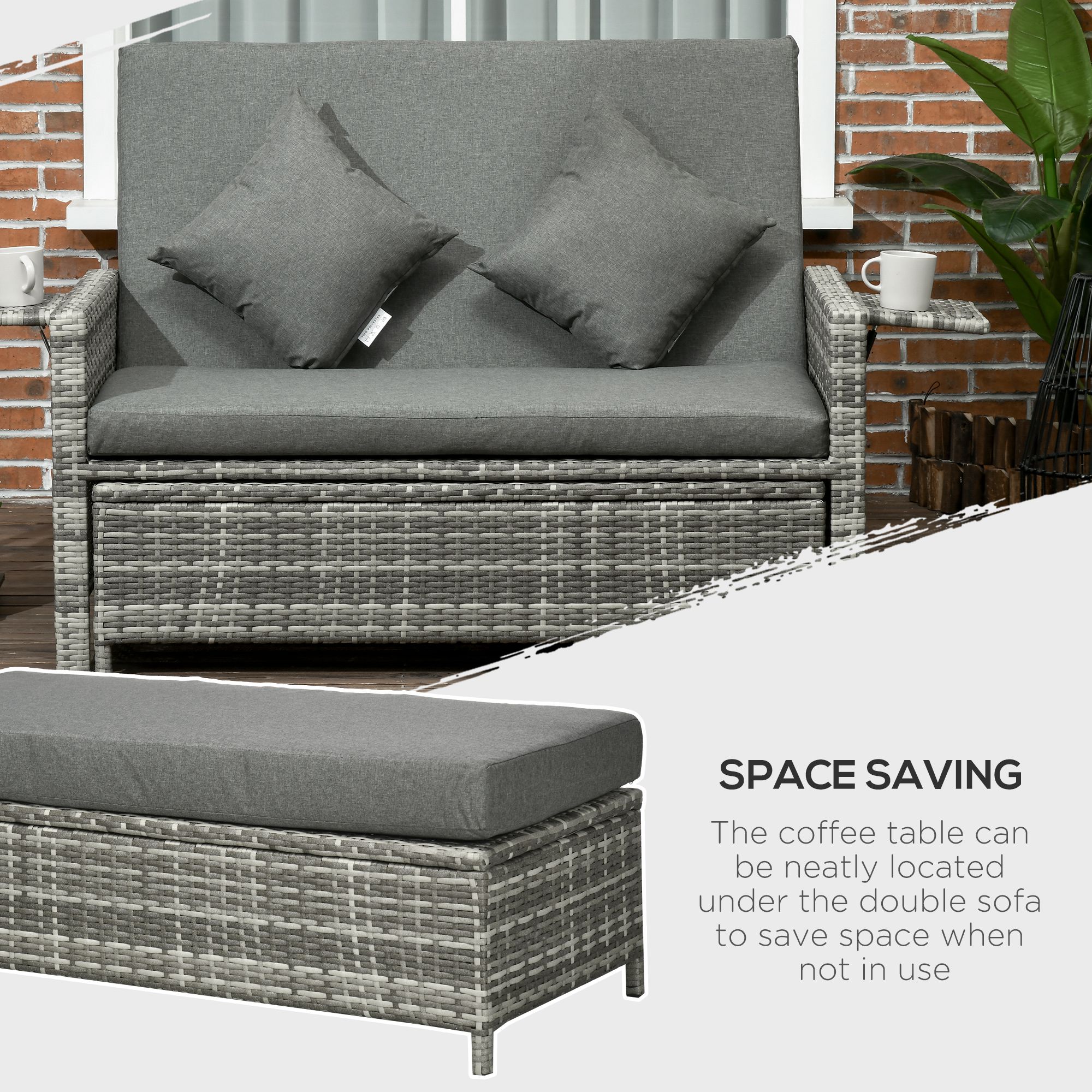 Outsunny Rattan Garden Daybed, Assembled Double Sun Lounger with 5-Level Adjustable Back, Storage Ottoman, Cushions, Pillows and Retractable Trays, Outdoor Loveseat Sofa Bed for Patio, Mixed Grey 7