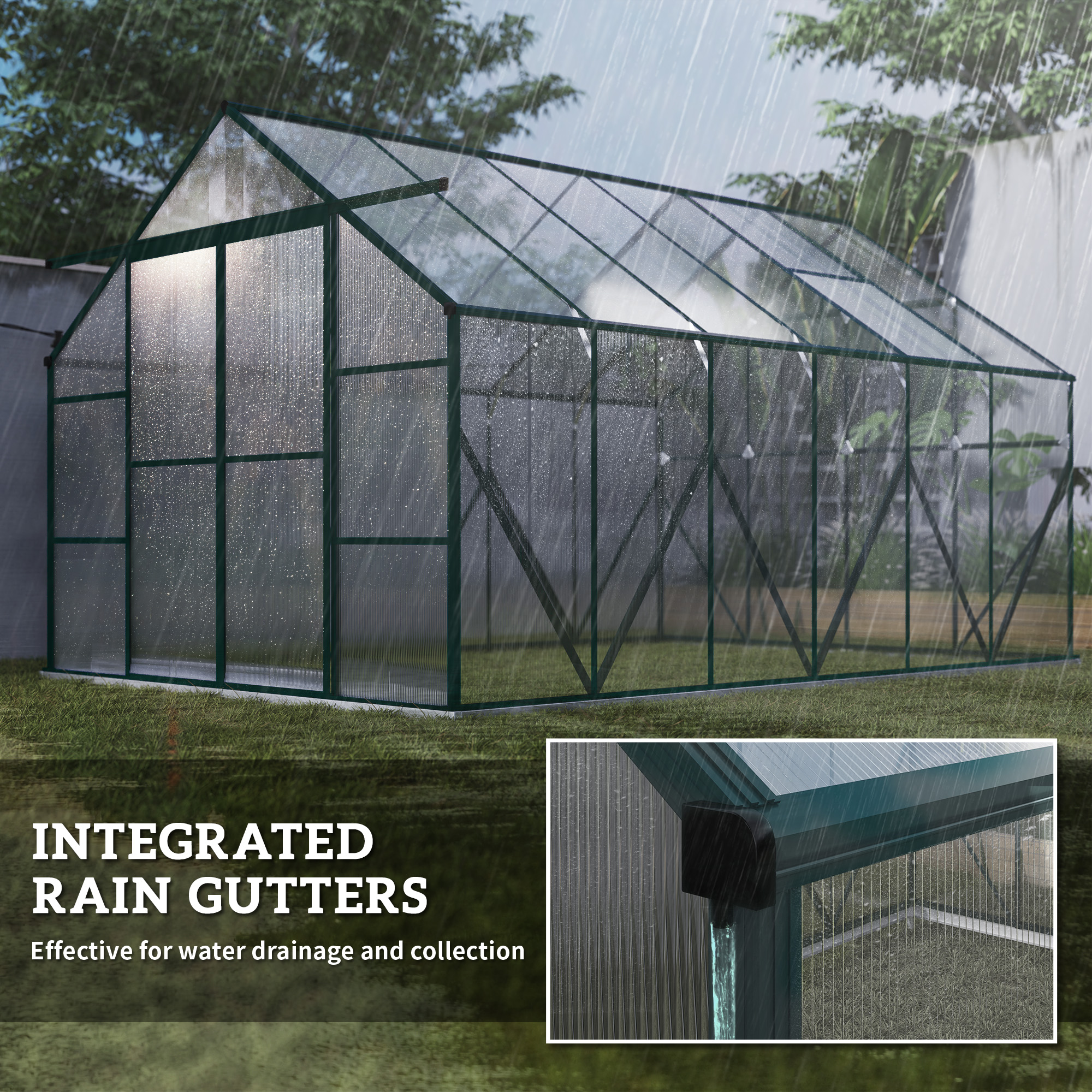Outsunny 8 x 12ft Aluminium Greenhouse Polycarbonate Walk-in Garden Greenhouse Kit with Adjustable Roof Vent, Double Sliding Door, Rain Gutter and Foundation, Clear 7