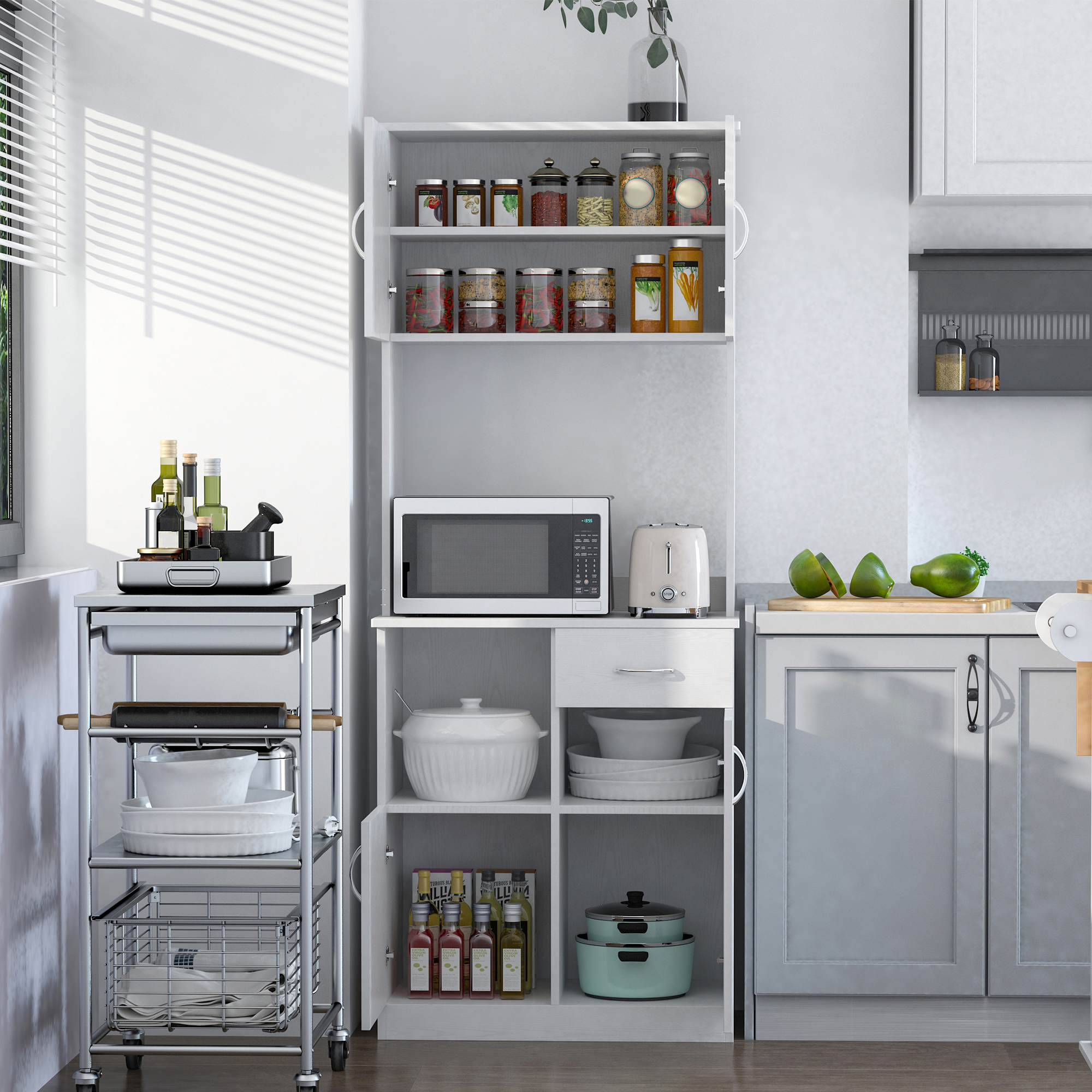 HOMCOM Tall Kitchen Cupboard, Kitchen Cabinet with Doors, Shelves, Drawer and Open Countertop, Storage Cabinet for Living Room, Dining Room, White 4
