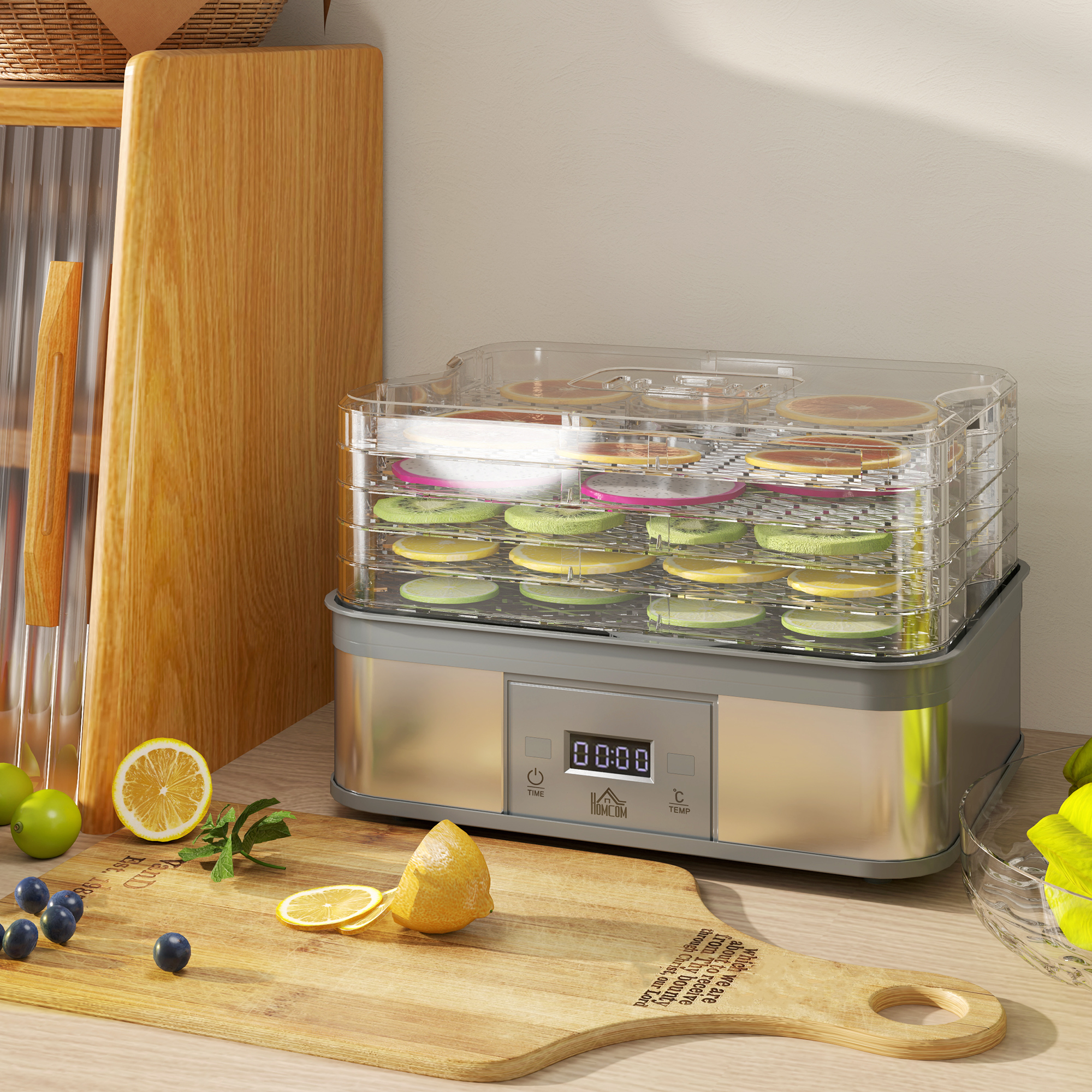 HOMCOM 5 Tier Food Dehydrator, 245W Stainless Steel Food Dryer Machine with Adjustable Temperature, Timer and LCD Display for Drying Fruit, Meat, Vegetable, Jerky and Pet Treat, Grey 2