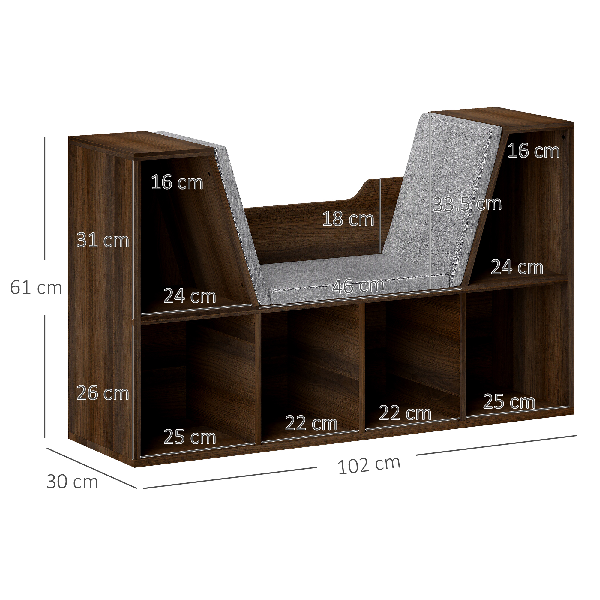 HOMCOM Bookcase Storage Shelf with Cushioned Reading Seat, Cube Bookshelf Organizer for Bedroom Living Room, Chestnut 3