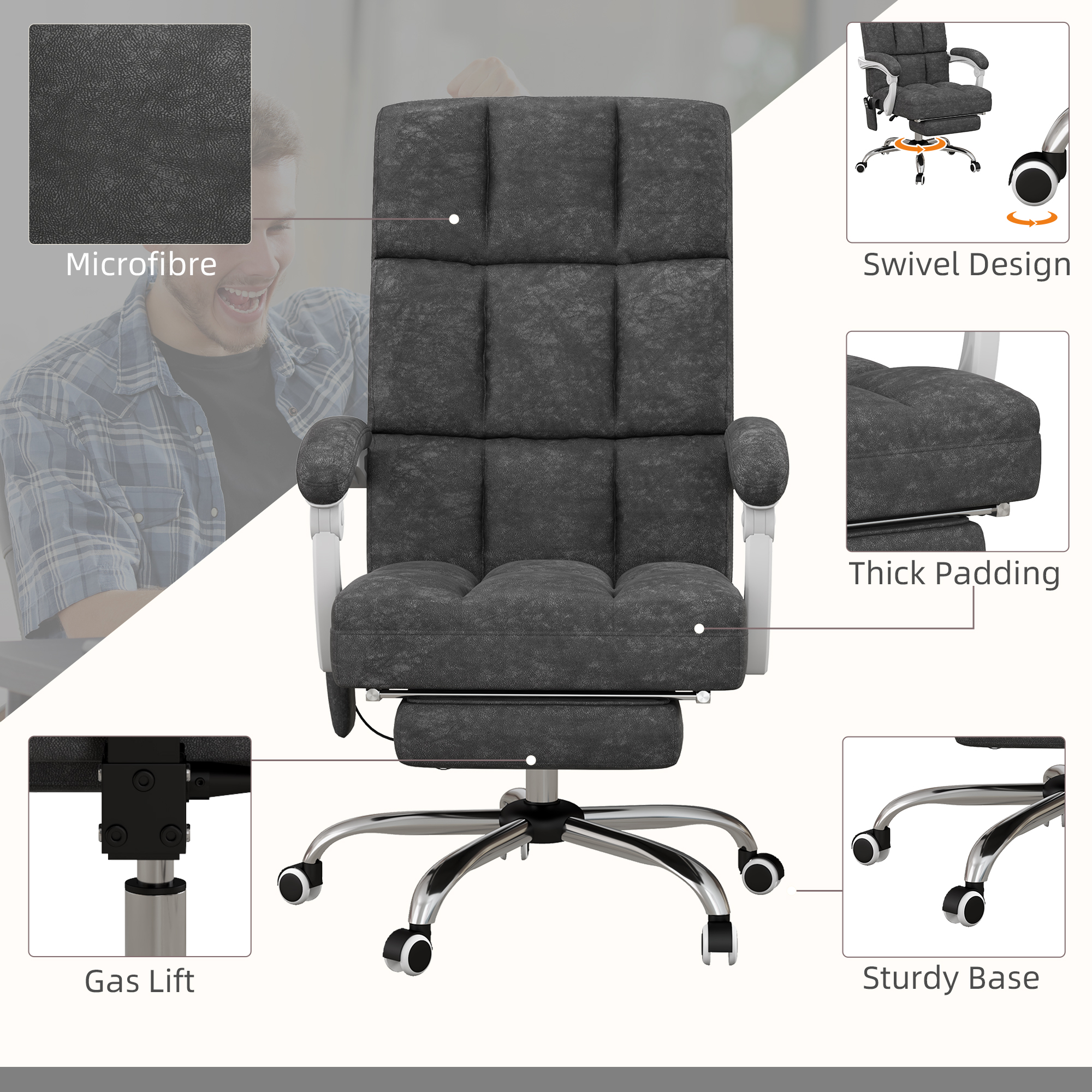 Vinsetto Massage Office Chair, Ergonomic Desk Chair, Comfy Work Study Chair with Heat, Padded Seat, 135° Reclining Back and Footrest for Home Office, Charcoal Grey 7
