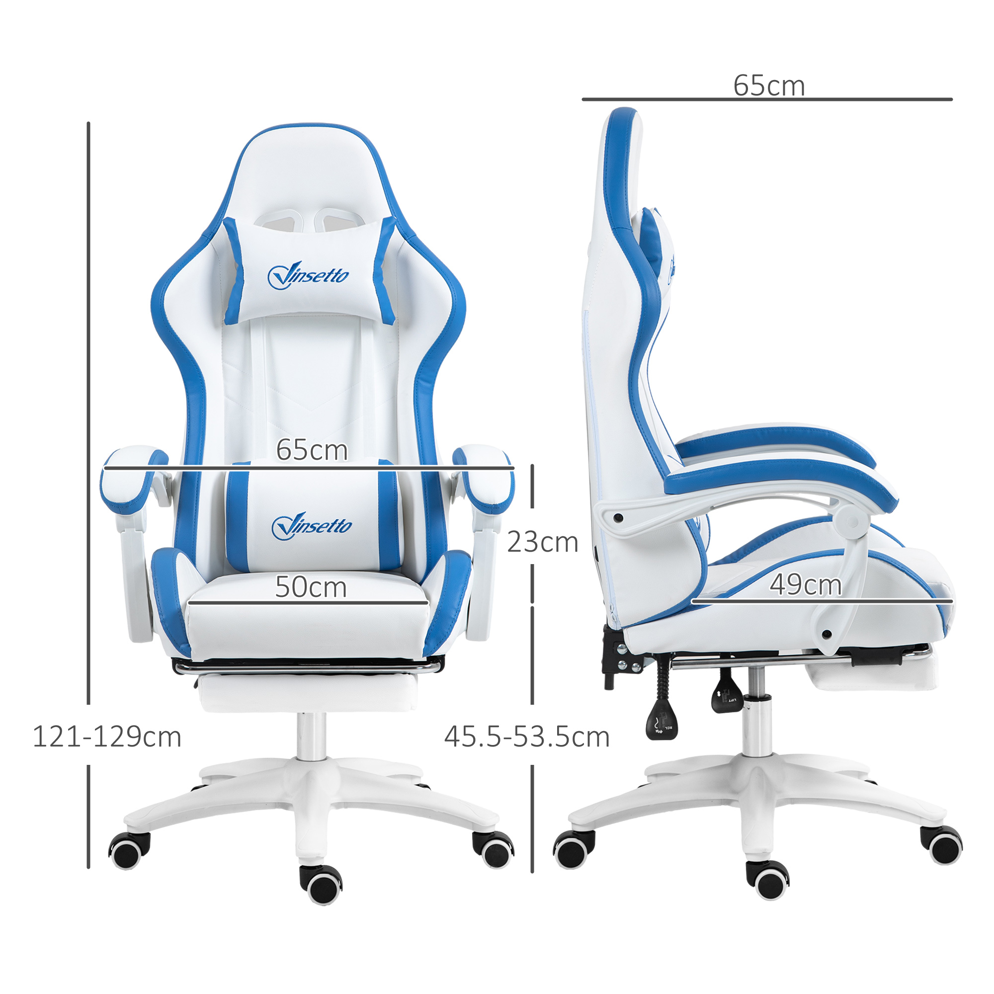 Vinsetto Computer Gaming Chair, PU Leather Office Desk Chair with Footrest, Swivel Wheels, 135° Reclining Back, Lumbar Support, Headrest for Home, White and Blue 3