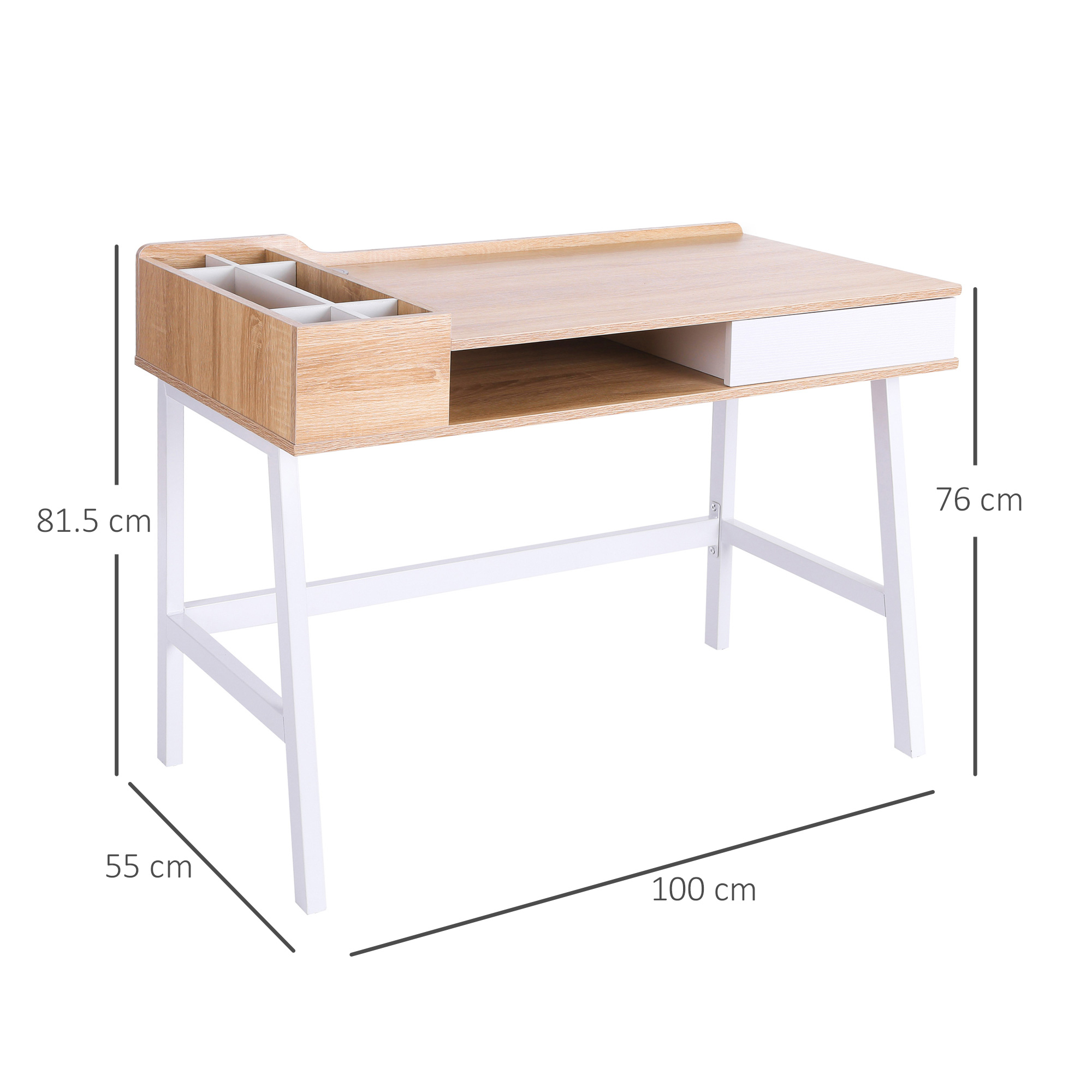 HOMCOM Computer Desk, Writing Desk, Study Workstation with Drawer, Storage Compartments, Cable Management, Laptop Table, Metal Frame, 100 x 55 x 81.5cm, Oak and White 3