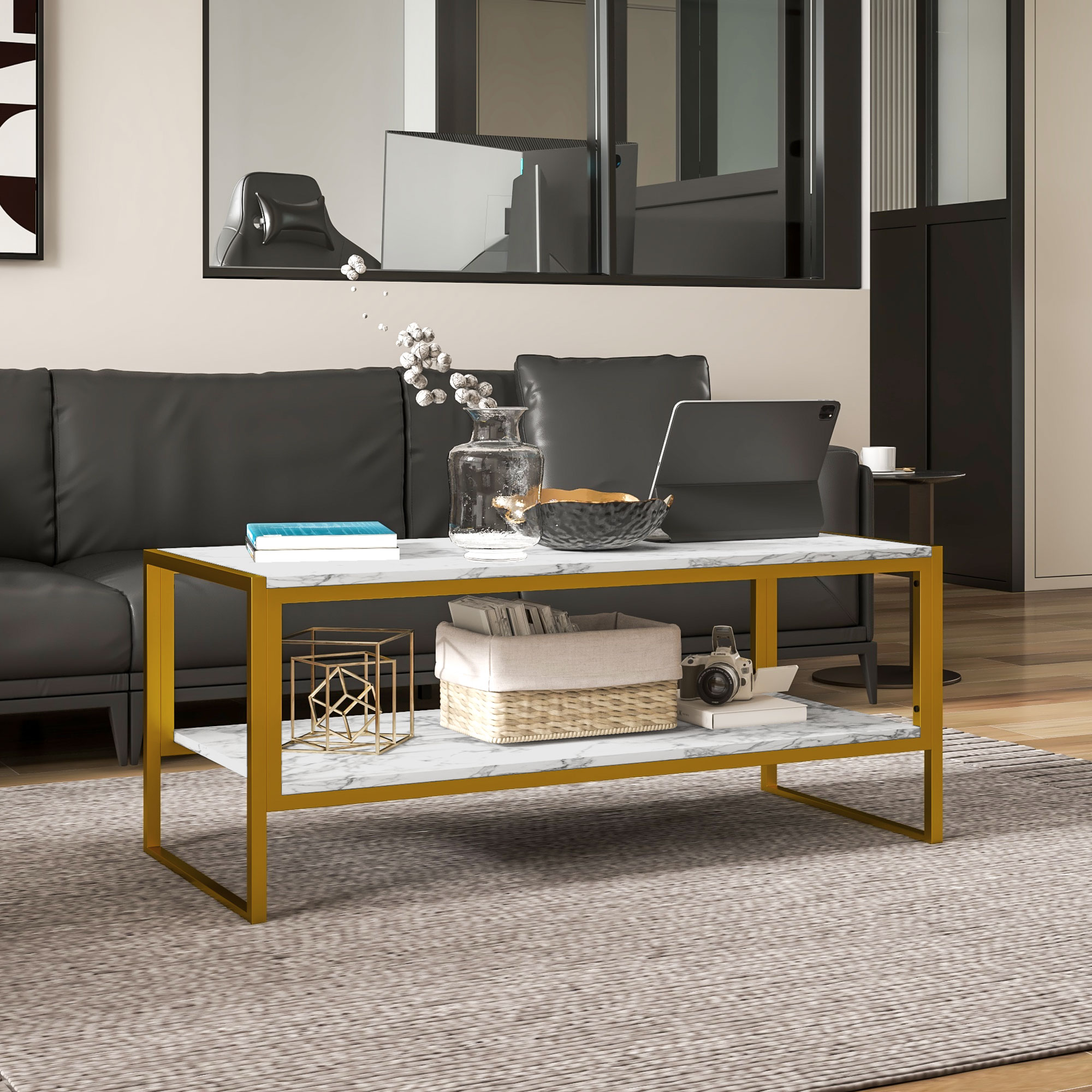HOMCOM Coffee Table, Two-Tier Faux Marble Effect Centre Table with Metal Frame and Storage Shelf for Living Room, 106 x 50 x 45cm, White 7