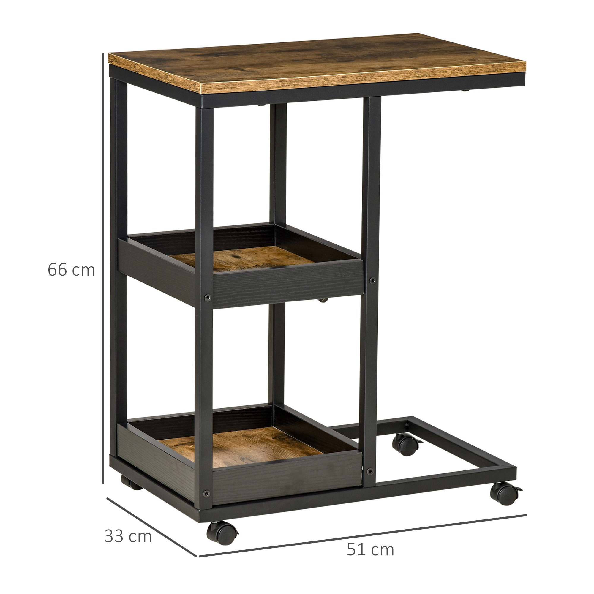HOMCOM Mobile Sofa Side Table, Industrial C-Shaped Rolling Table with 3-Tier Storage Shelving, Four Lockable Wheels Steel Frame, Dark Brown 3