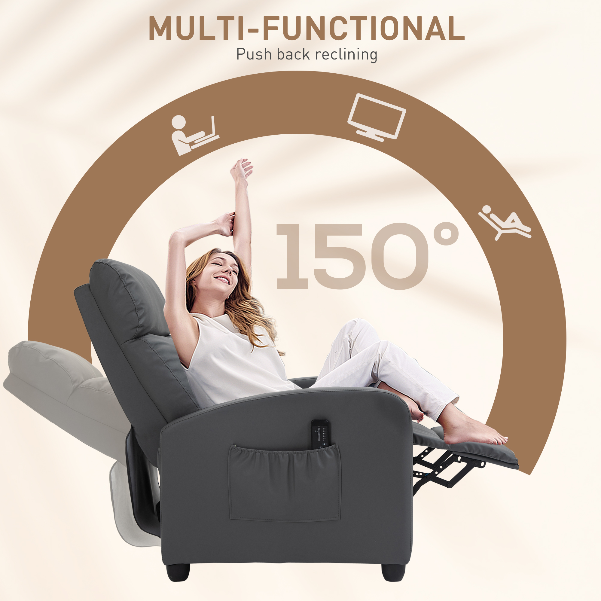 HOMCOM Recliner Armchair, Massage Faux Leather Push Back Reclining Chair with Adjustable Leg Rest, Side Pocket, for Home Living Room Theatre, Grey 5