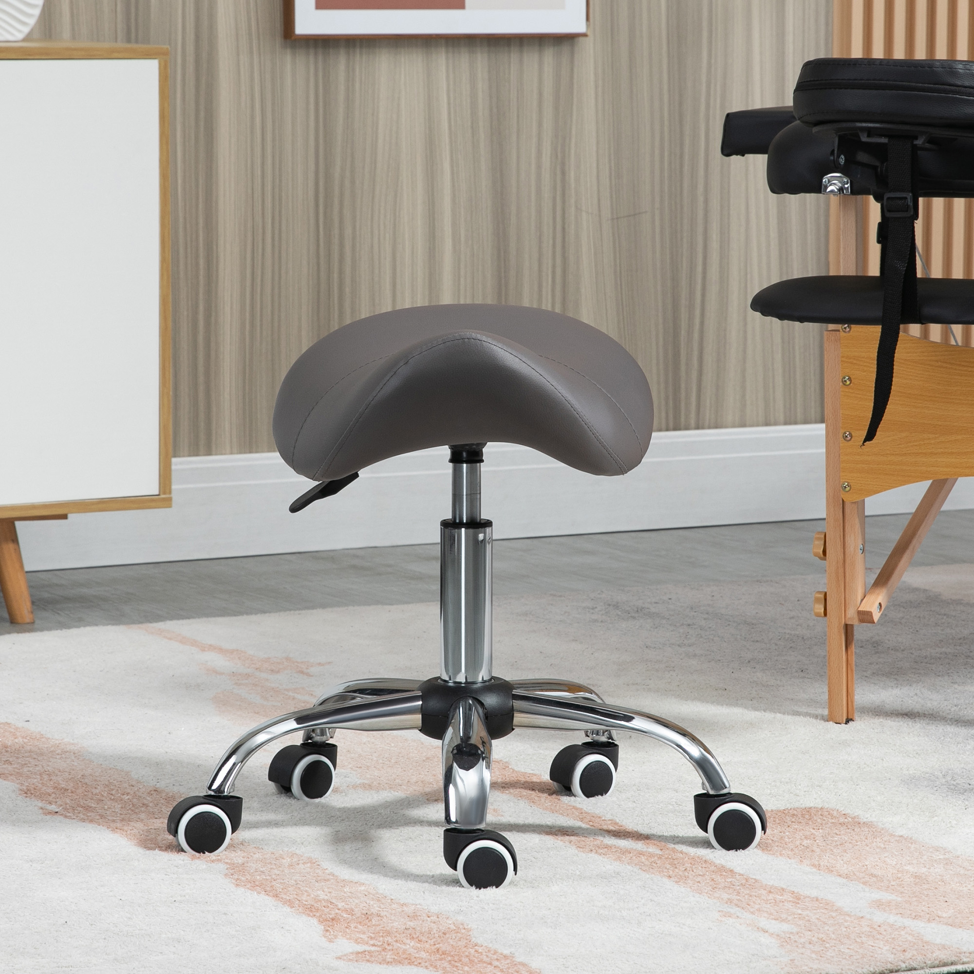 HOMCOM Cosmetic Stool 360° Rotate Height Adjustable Salon Massage Spa Chair Hydraulic Rolling Faux Leather Saddle Stool, Grey 7