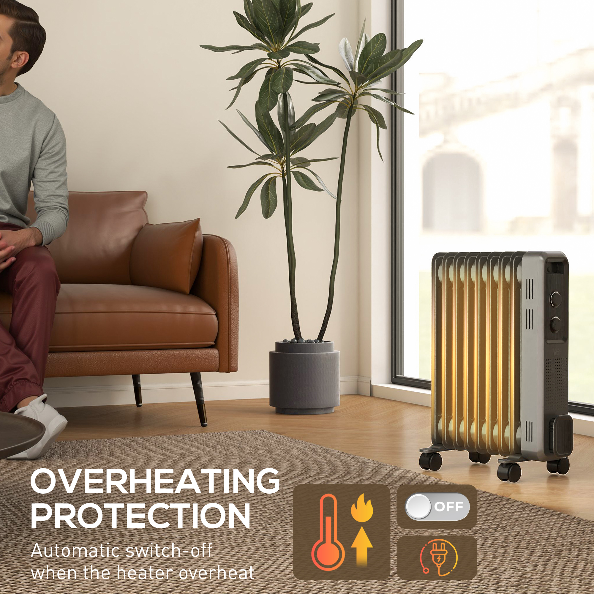 HOMCOM 2000W Oil Filled Radiator, 9 Fin, Portable Electric Heater with 3 Heat Settings, Safety Cut-Off and Wheels, Grey 7